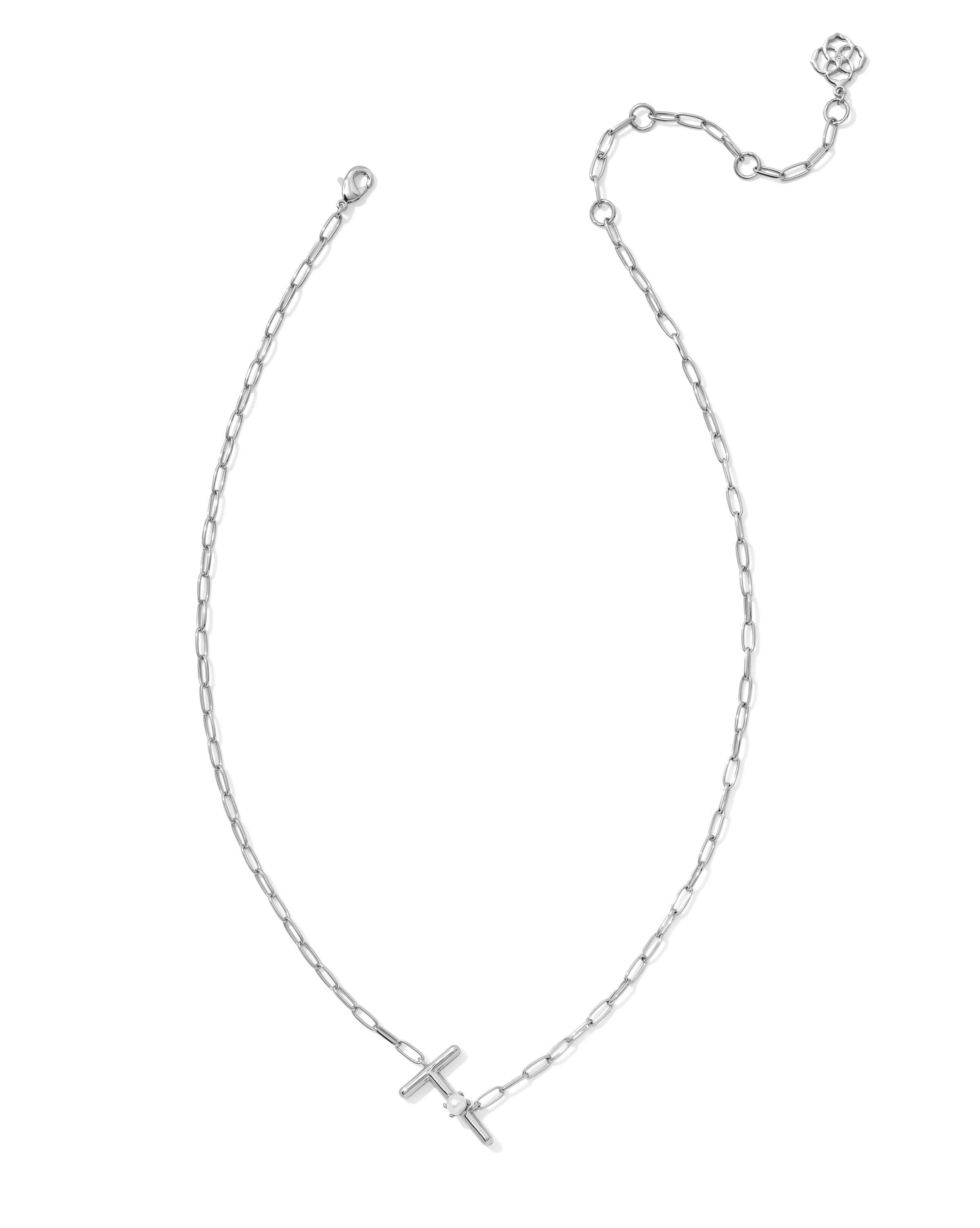 Pearl Silver Letter T Short Pendant Necklace in Freshwater Cultured Pearl