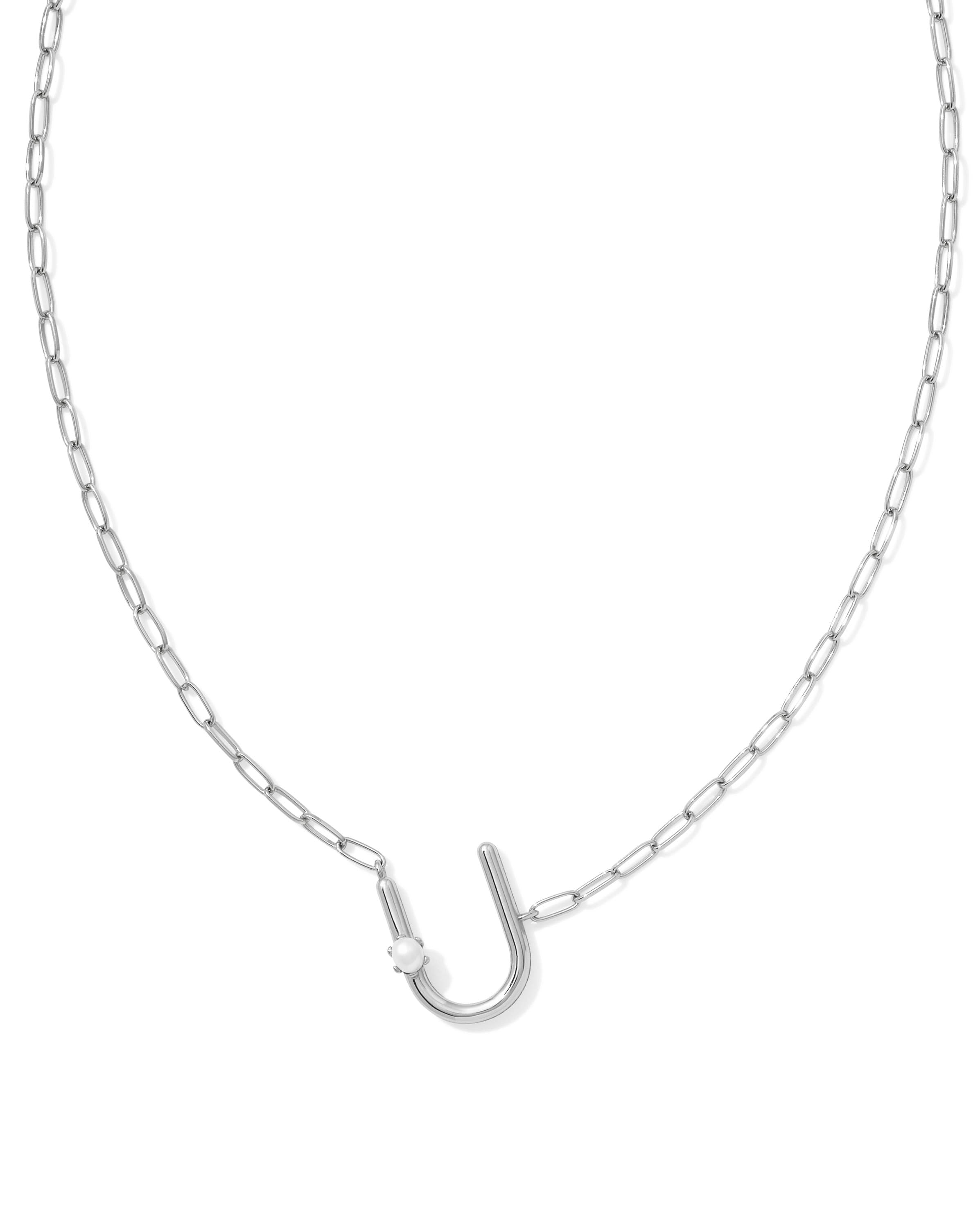 Pearl Silver Letter U Short Pendant Necklace in Freshwater Cultured Pearl