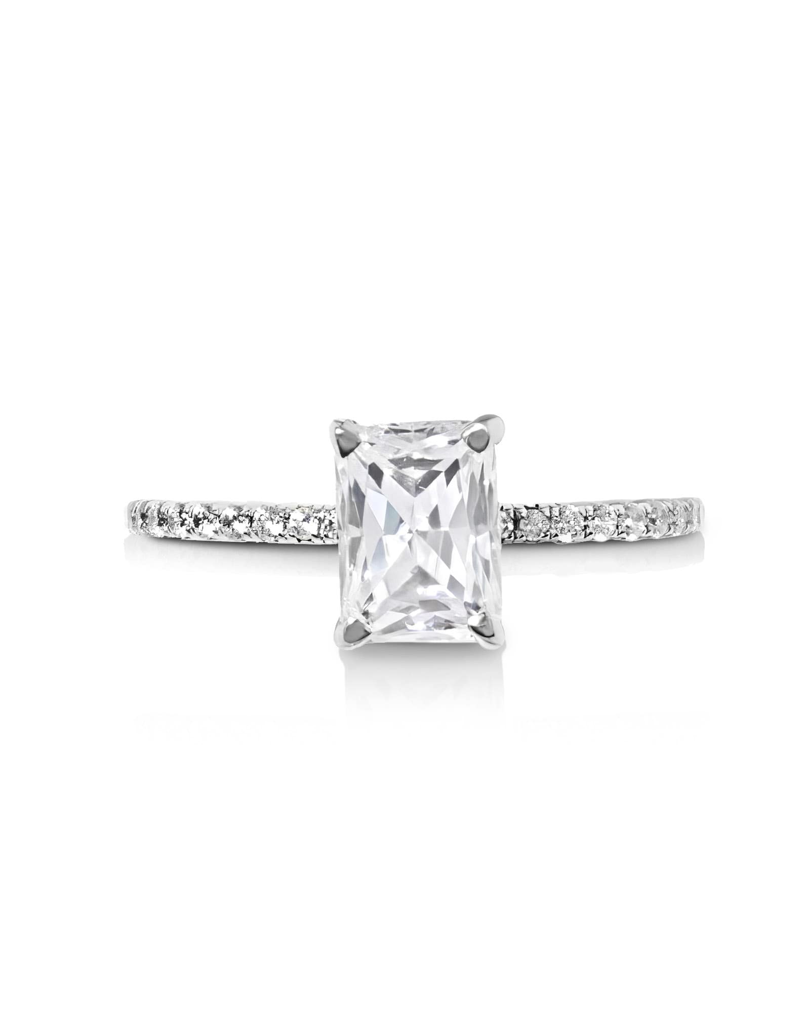 3 ct Solitaire N-S Emerald Engagement Ring with Pave Diamonds in 14k White Gold