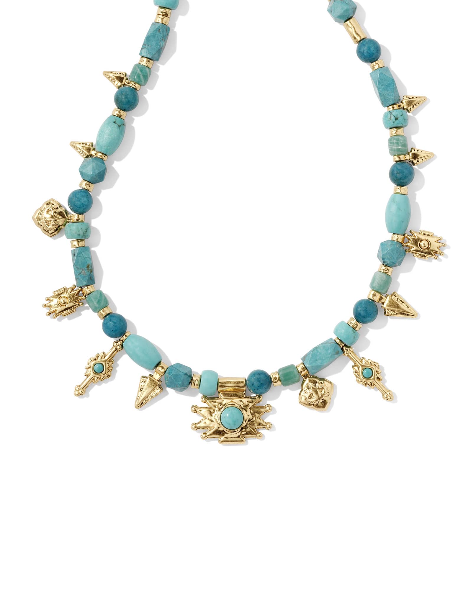 Shera Vintage Gold Beaded Charm Necklace in Teal Mix