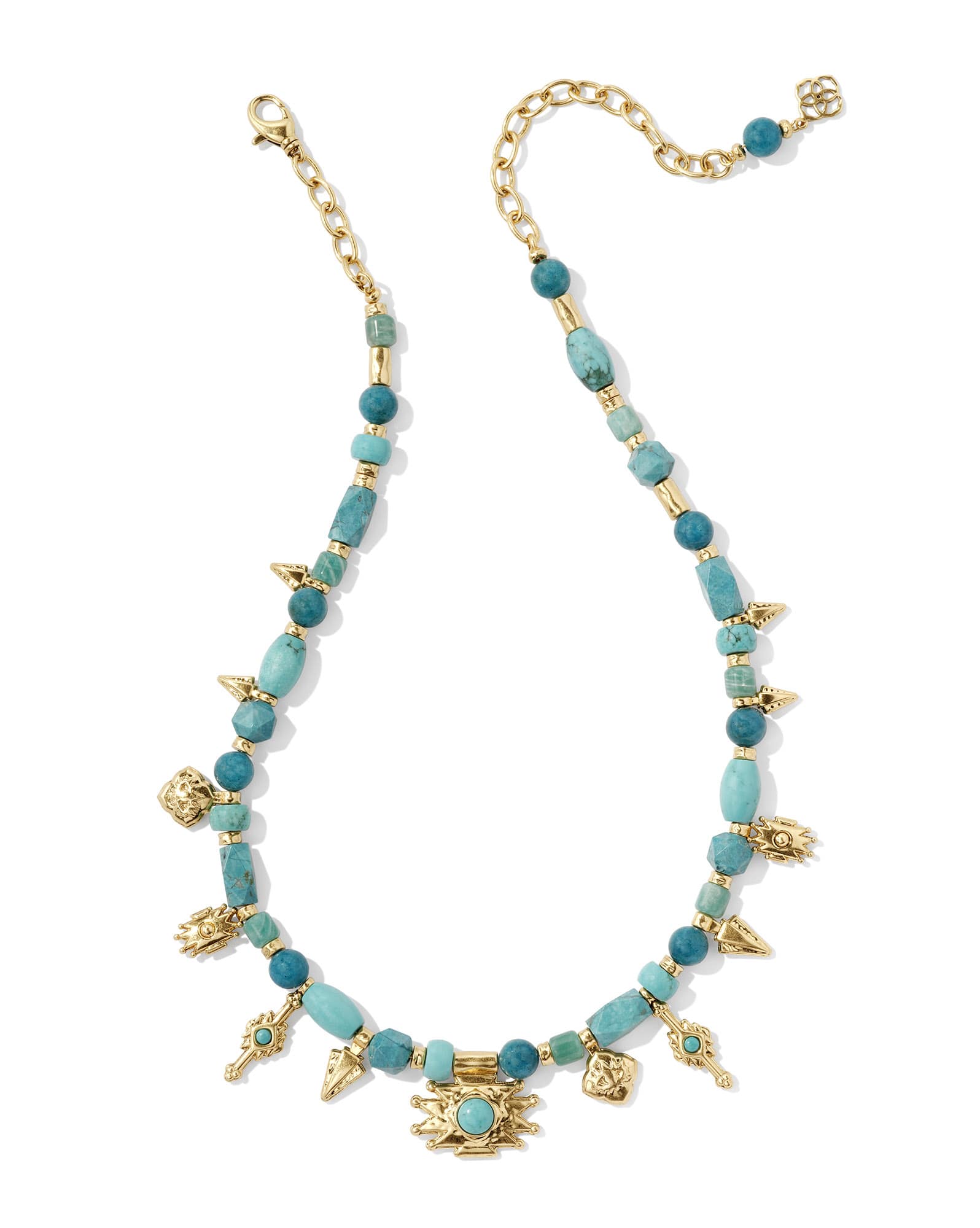 Shera Vintage Gold Beaded Charm Necklace in Teal Mix