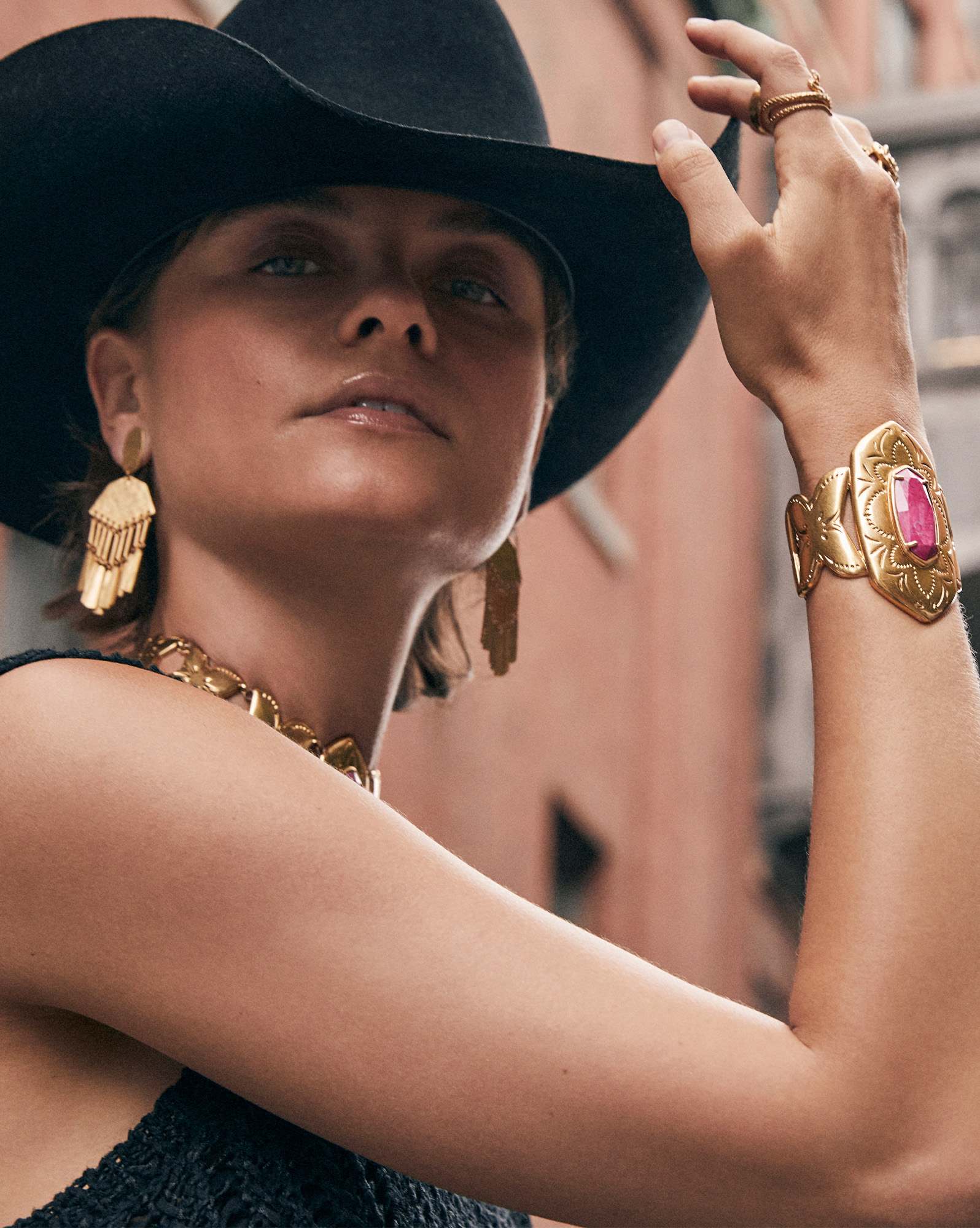 Keziah Vintage Gold Cuff Bracelet in Raspberry Variegated Magnesite