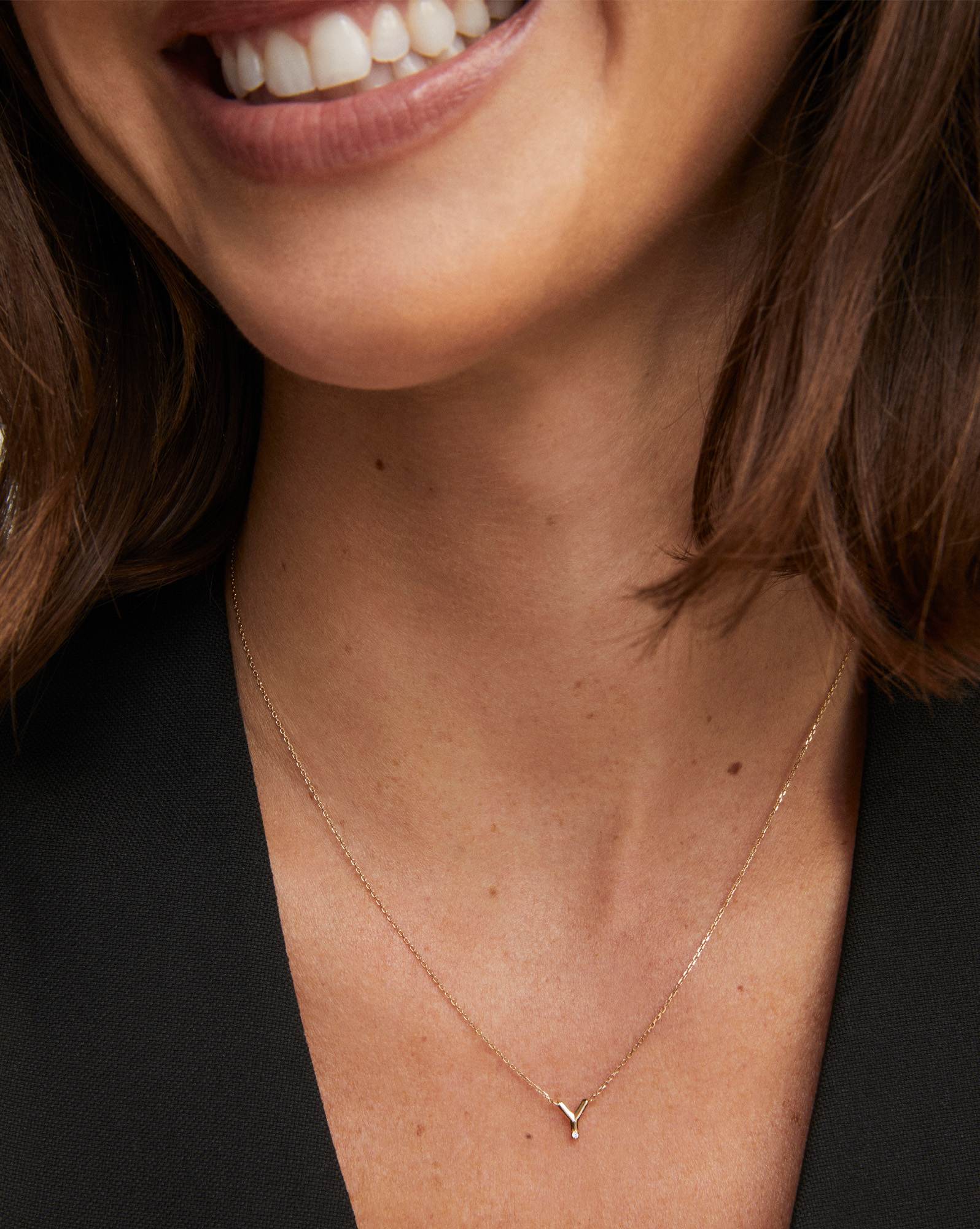 Diamond Accent Letter Y 14k Yellow Gold Pendant Necklace in White Diamond