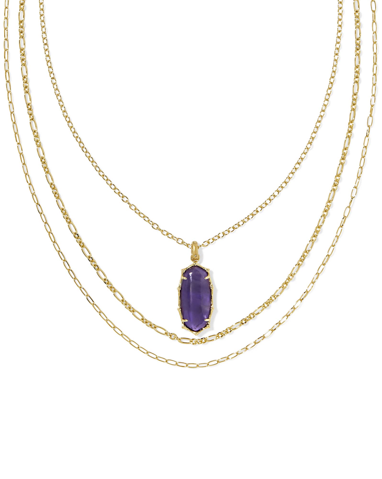Elle Vintage Gold Bamboo Frame Triple Strand Necklace in Dark Purple Amethyst