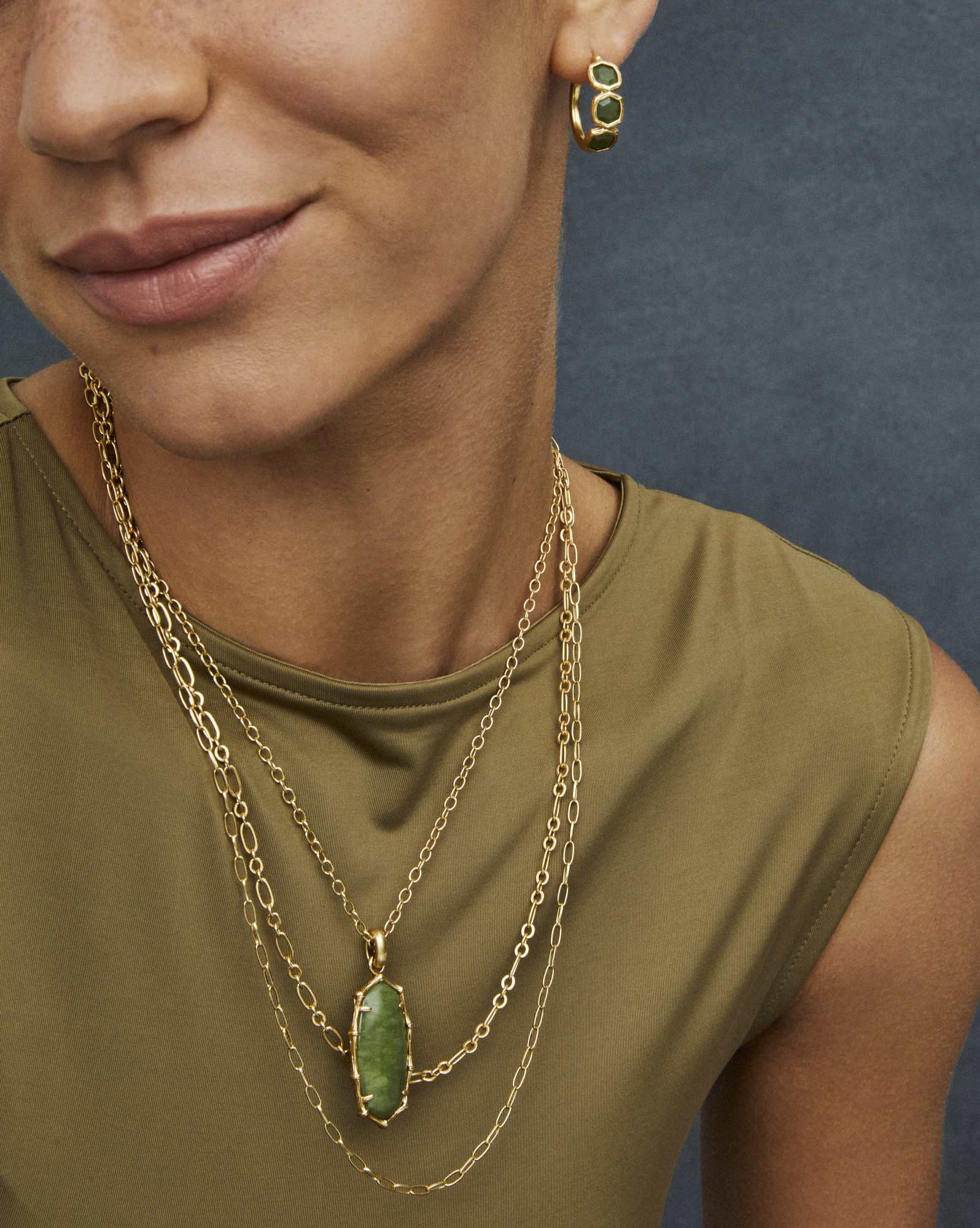 Elle Vintage Gold Bamboo Frame Triple Strand Necklace in Sage Serpentine