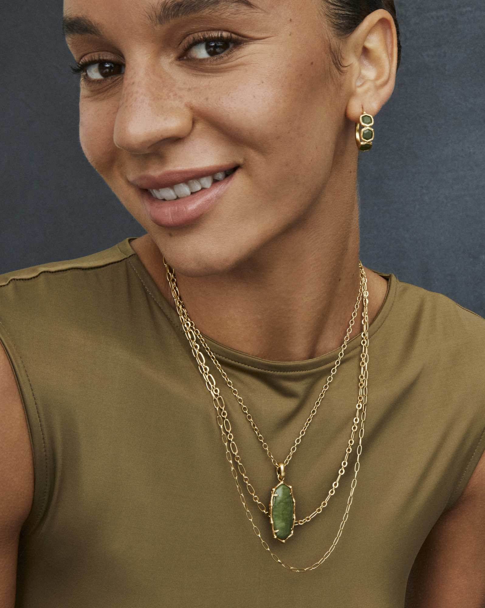 Elle Vintage Gold Bamboo Frame Triple Strand Necklace in Sage Serpentine