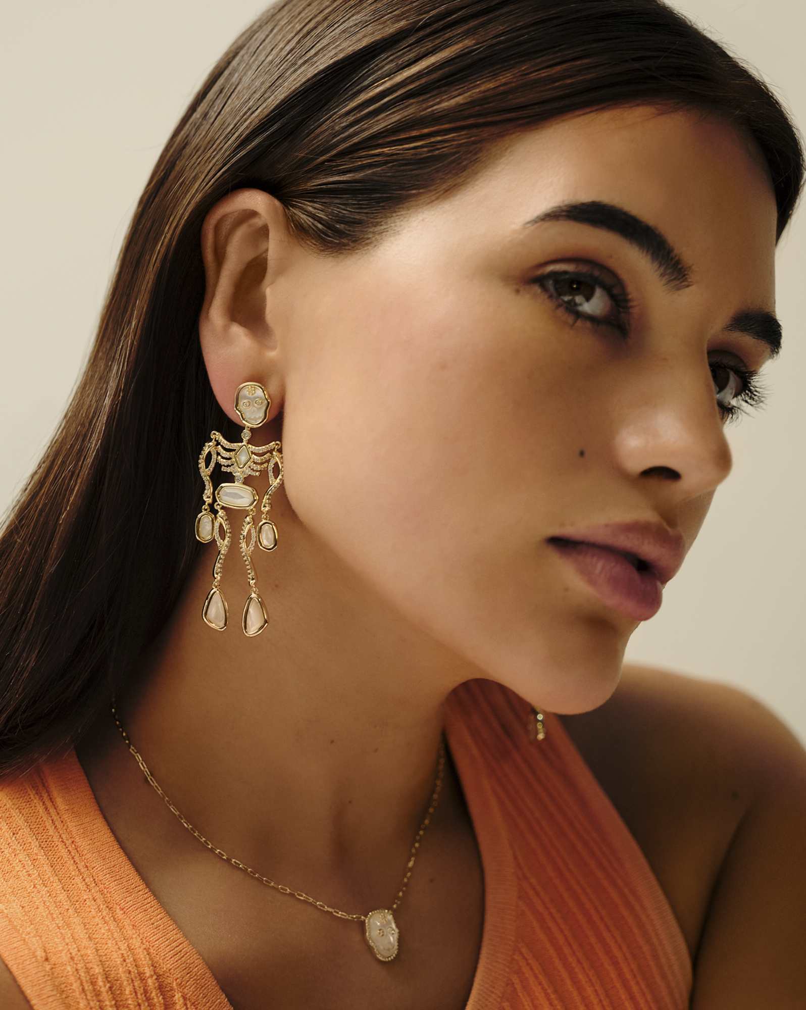 Skeleton Gold Statement Earrings in Ivory Mother-of-Pearl