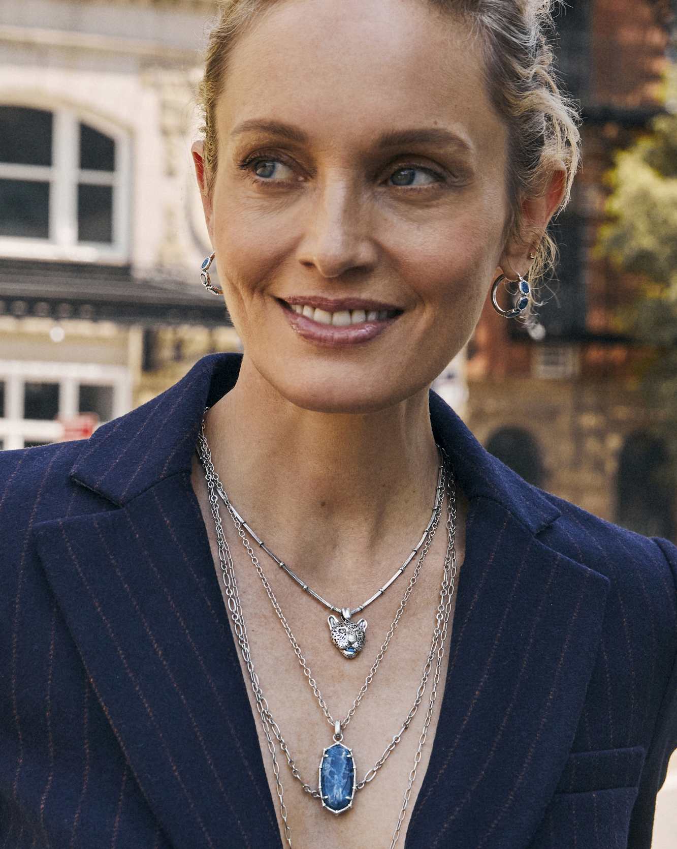 Elle Vintage Silver Bamboo Frame Triple Strand Necklace in Variegated Indigo Magnesite