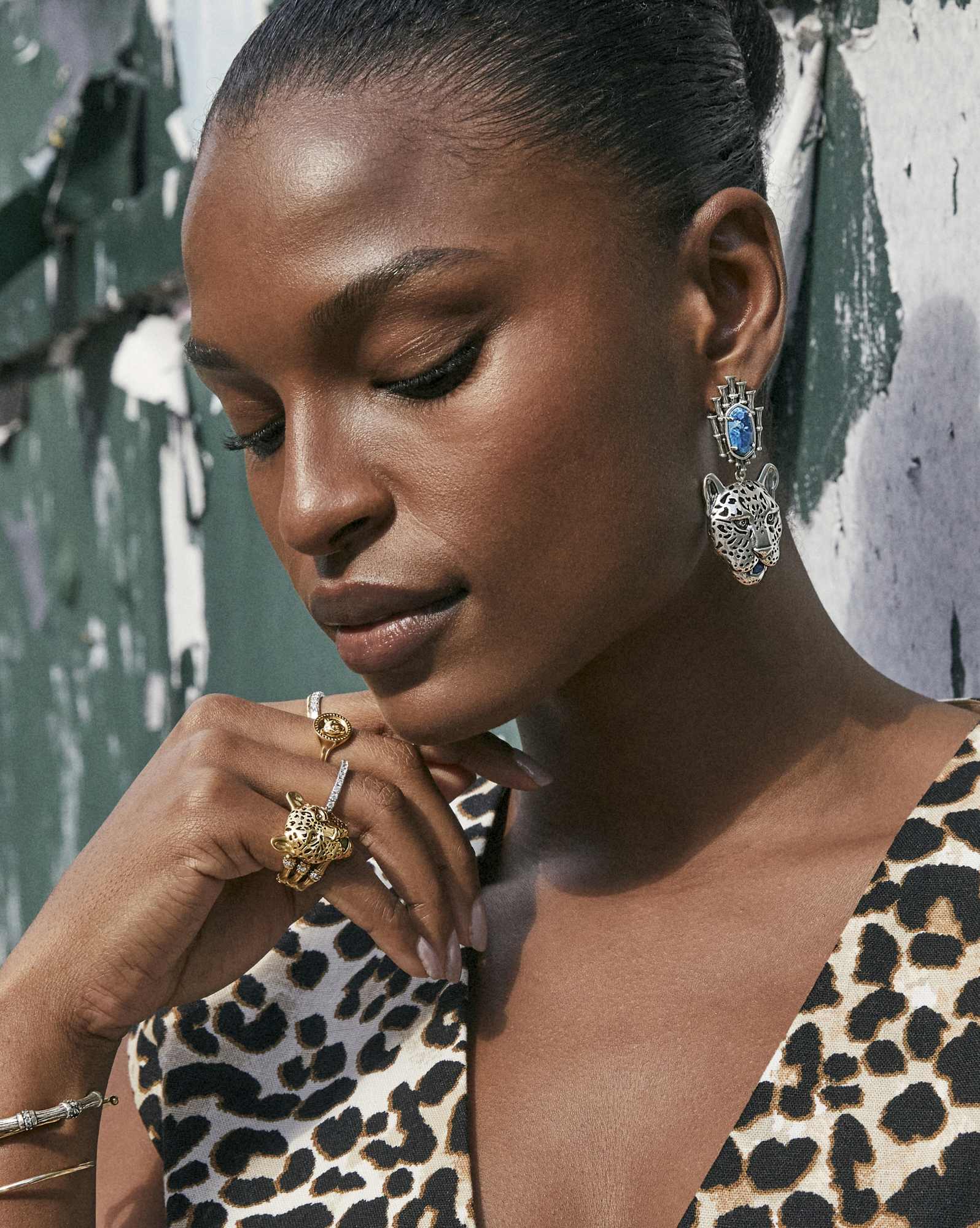 Maura Vintage Silver Jaguar Statement Earrings in Variegated Indigo Magnesite