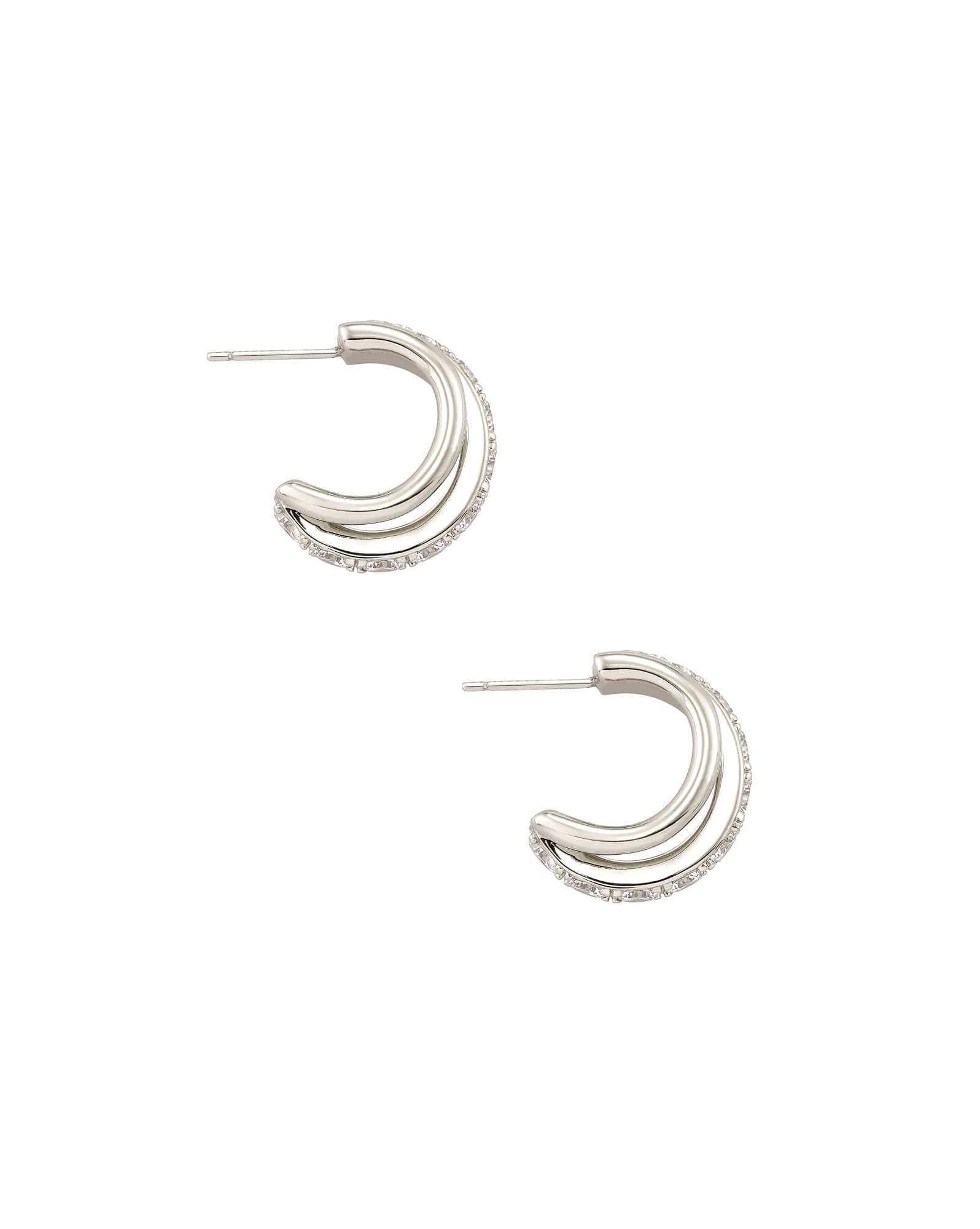 Livy Silver Huggie Earrings in White Crystal