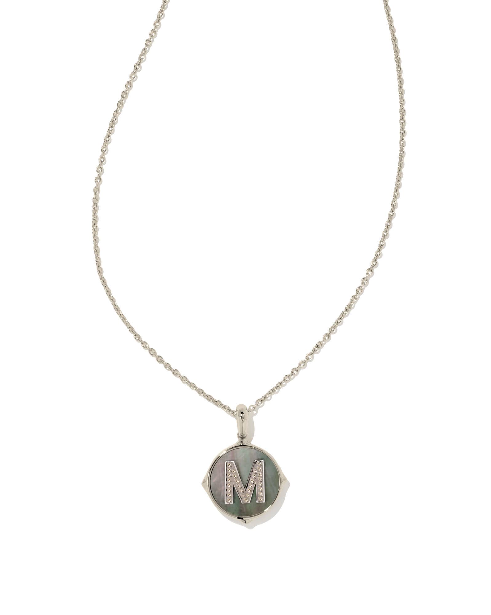 Letter M Silver Disc Reversible Pendant Necklace in Black Mother-of-Pearl