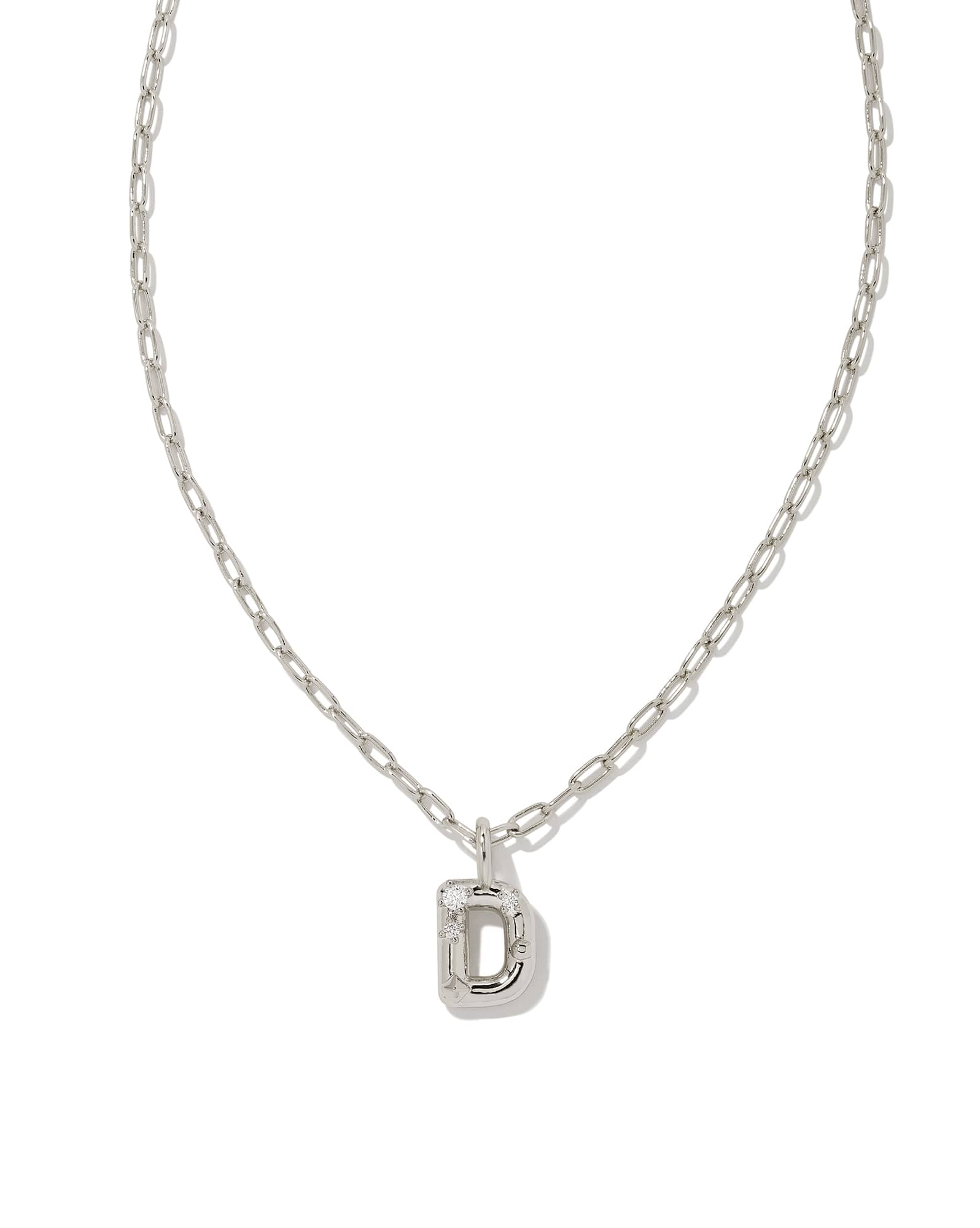 Crystal Letter D Silver Short Pendant Necklace in White Crystal