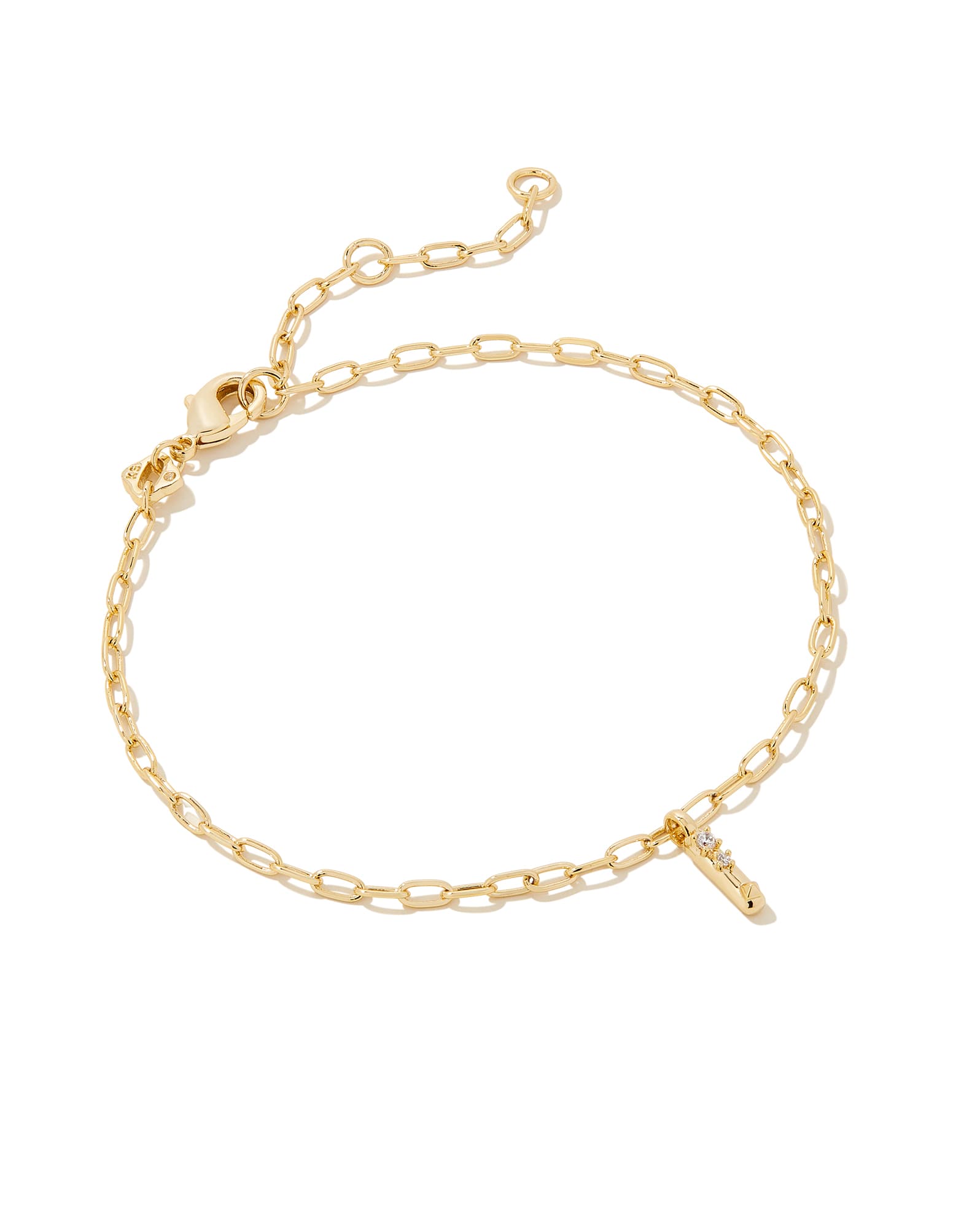 Crystal Letter I Gold Delicate Chain Bracelet in White Crystal