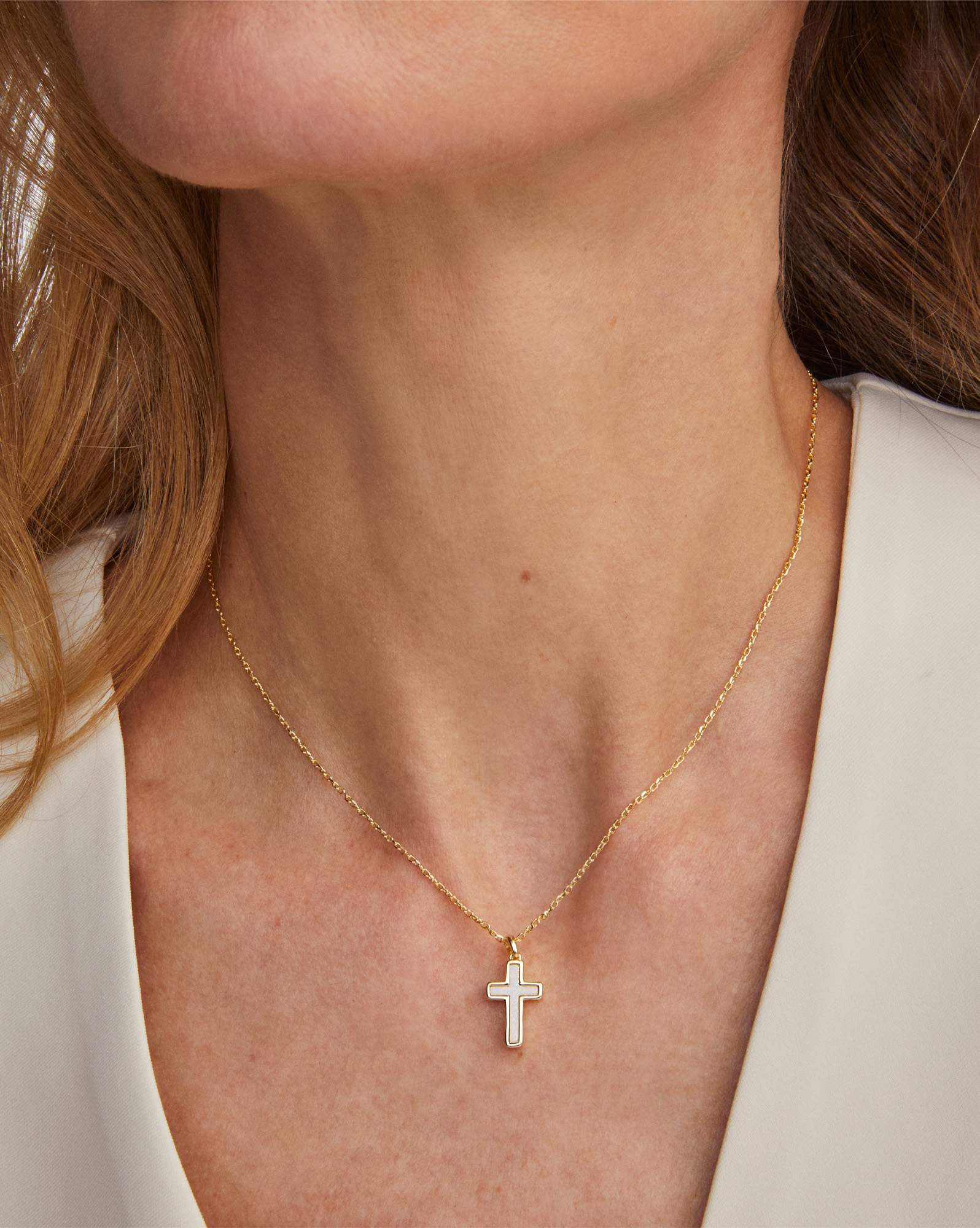 Cross Gold Pendant Necklace in White Lab Grown Opal