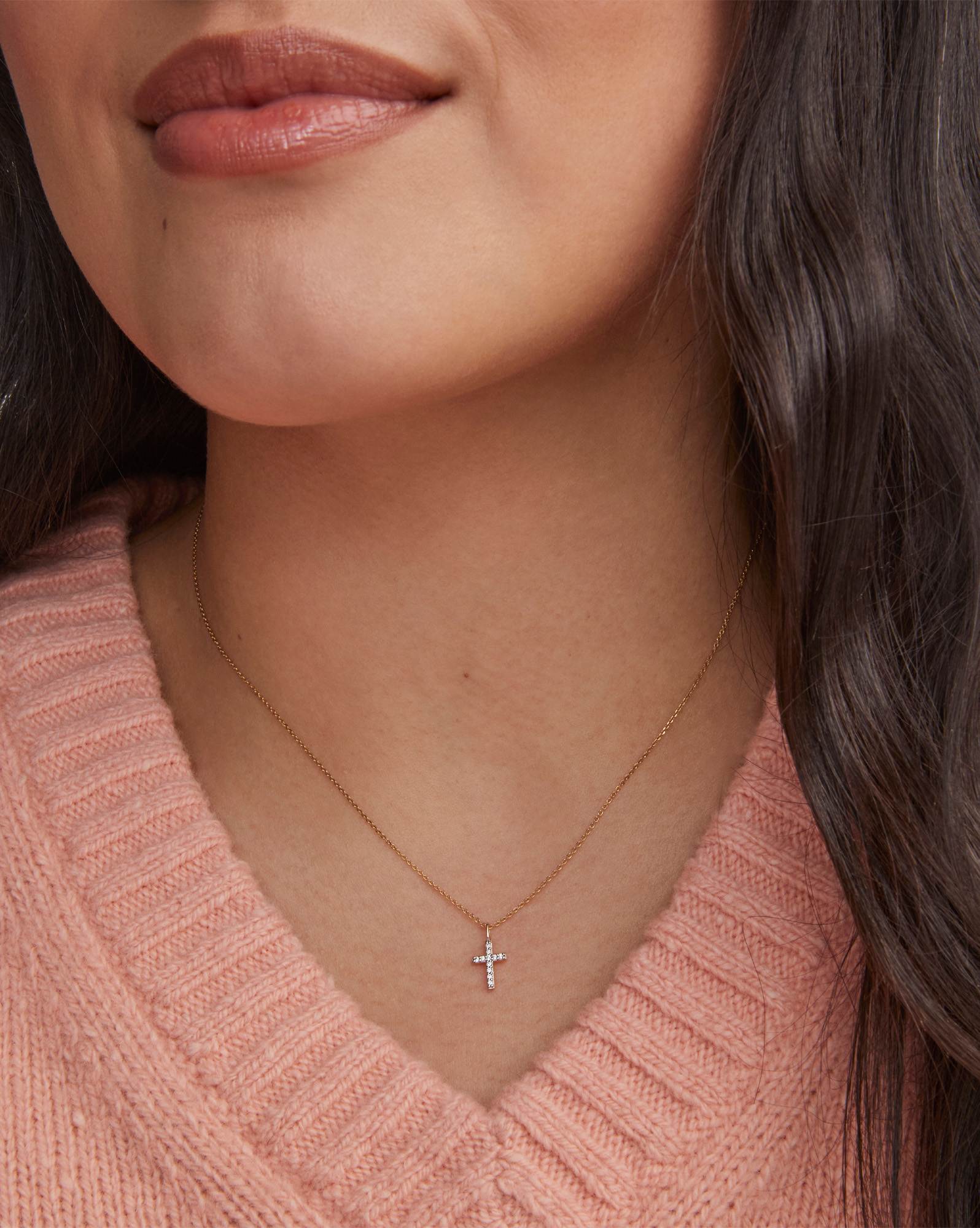 Cross 14k Yellow Gold Pendant Necklace in White Diamonds