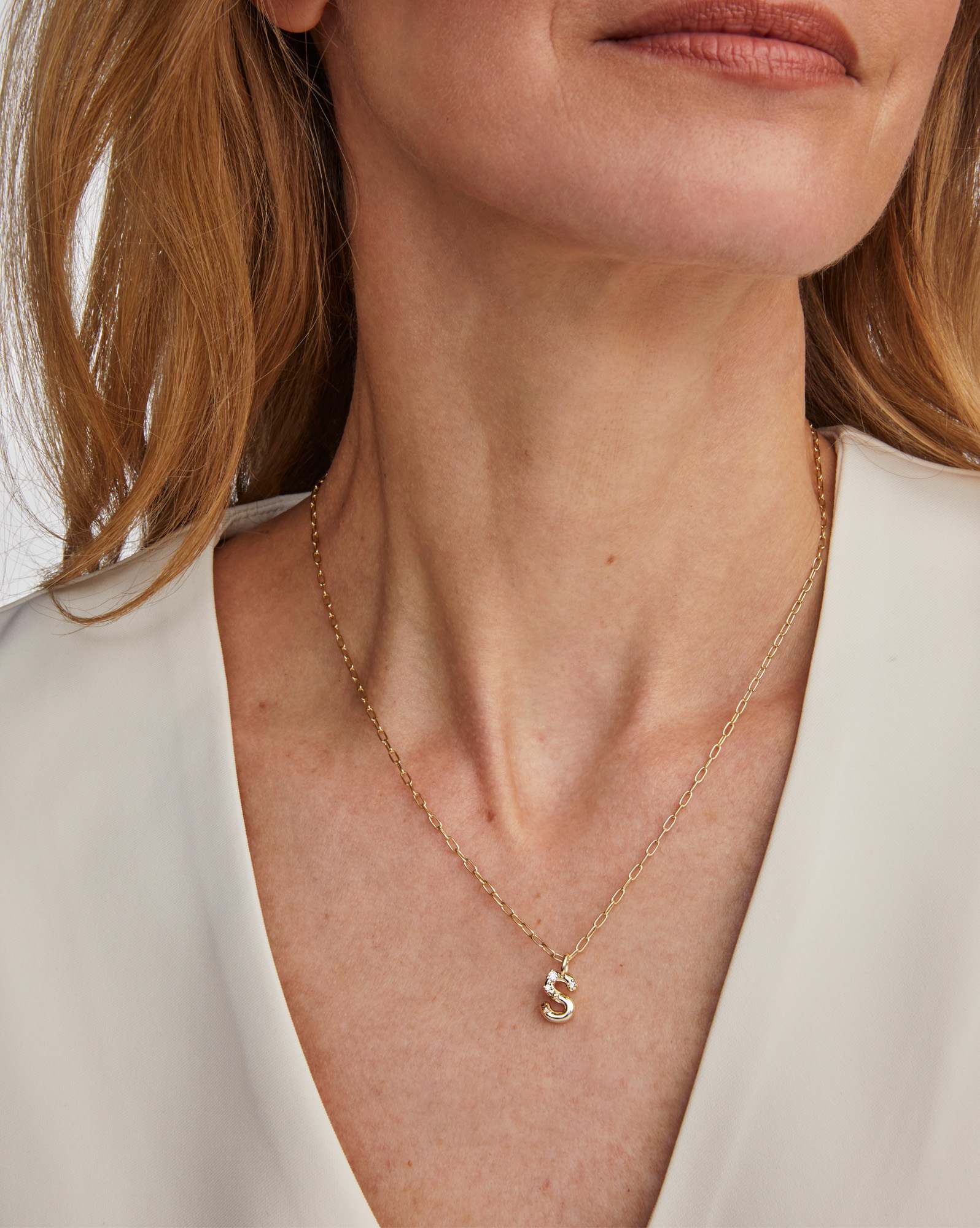 Crystal Letter S Gold Short Pendant Necklace in White Crystal