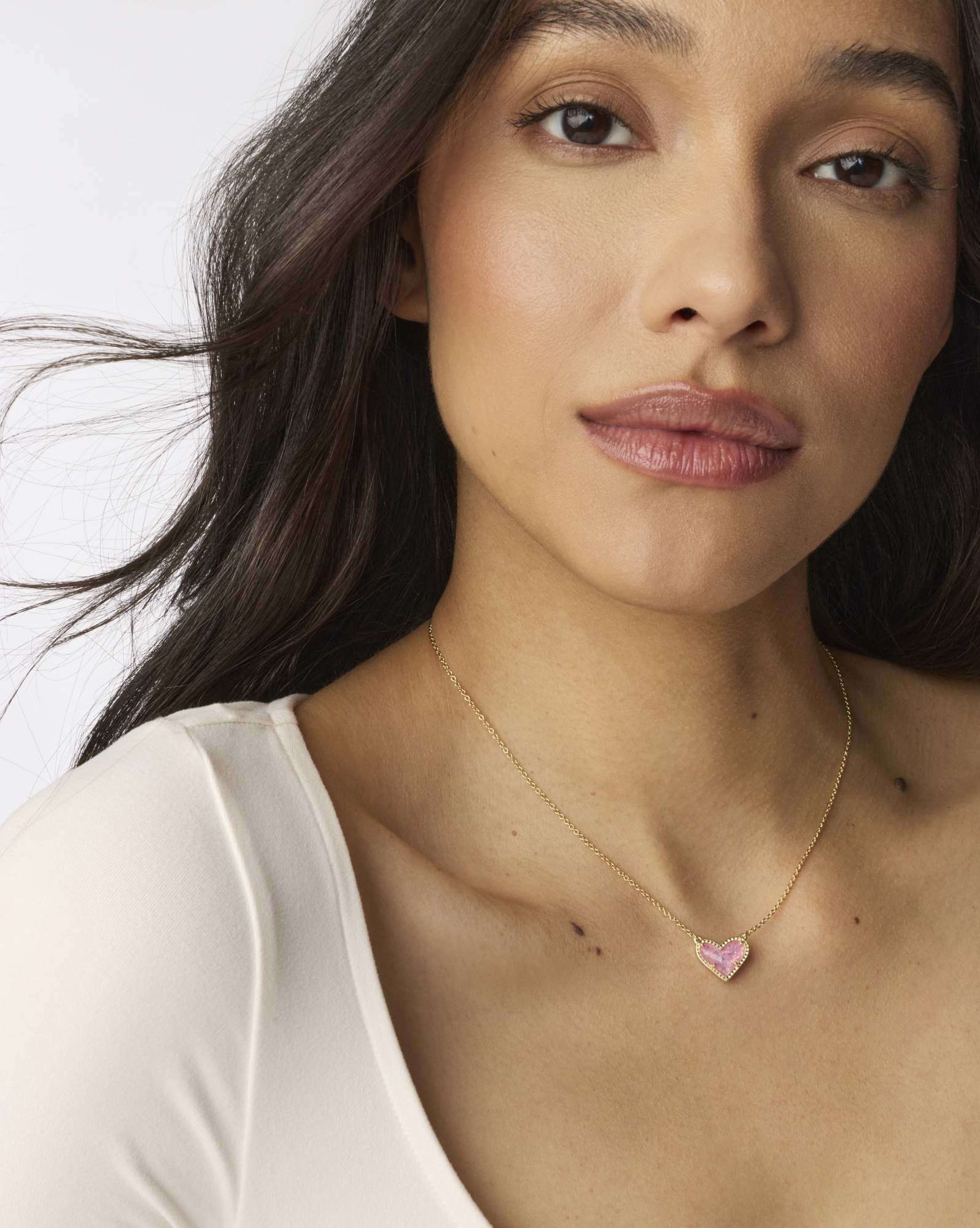 Ari Heart Gold Pendant Necklace in Pink Iridescent Glitter Glass