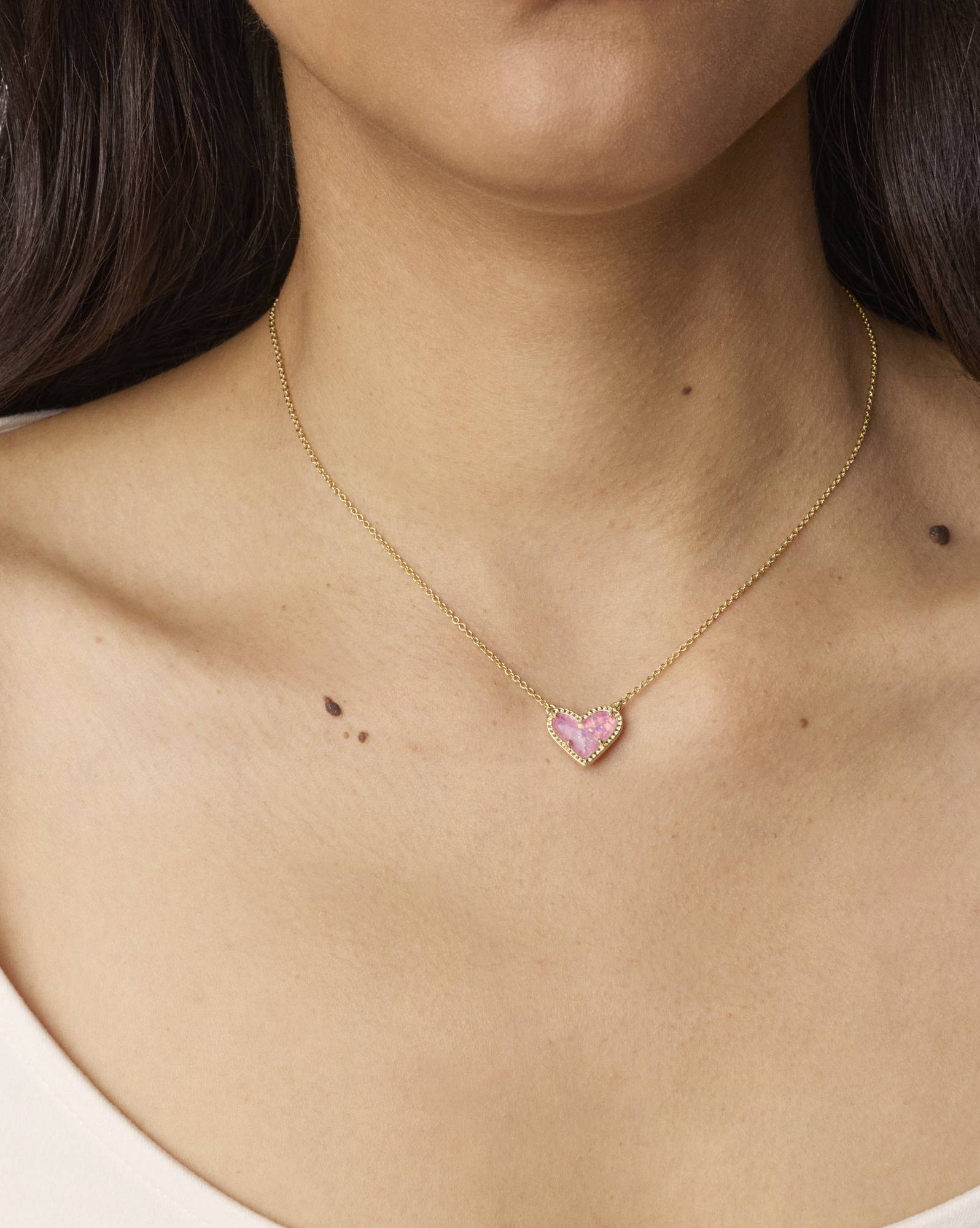 Ari Heart Gold Pendant Necklace in Pink Iridescent Glitter Glass