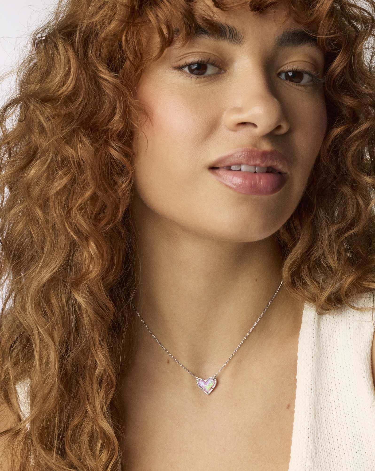 Ari Heart Silver Pendant Necklace in Pink Iridescent Glitter Glass