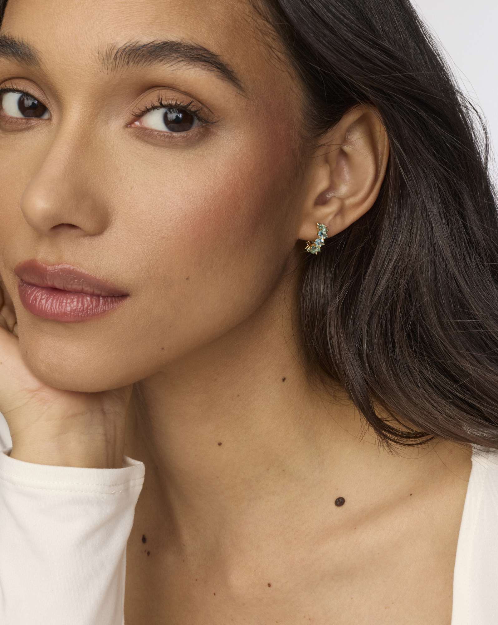 Cailin Gold Huggie Earrings in Aqua Crystal