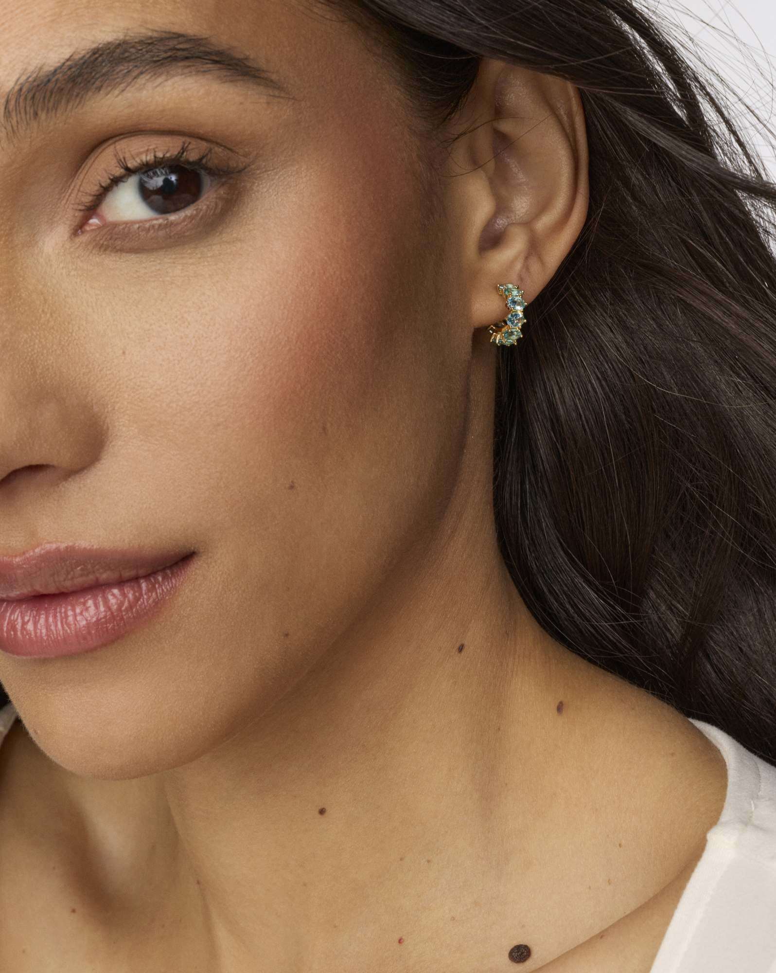 Cailin Gold Huggie Earrings in Aqua Crystal