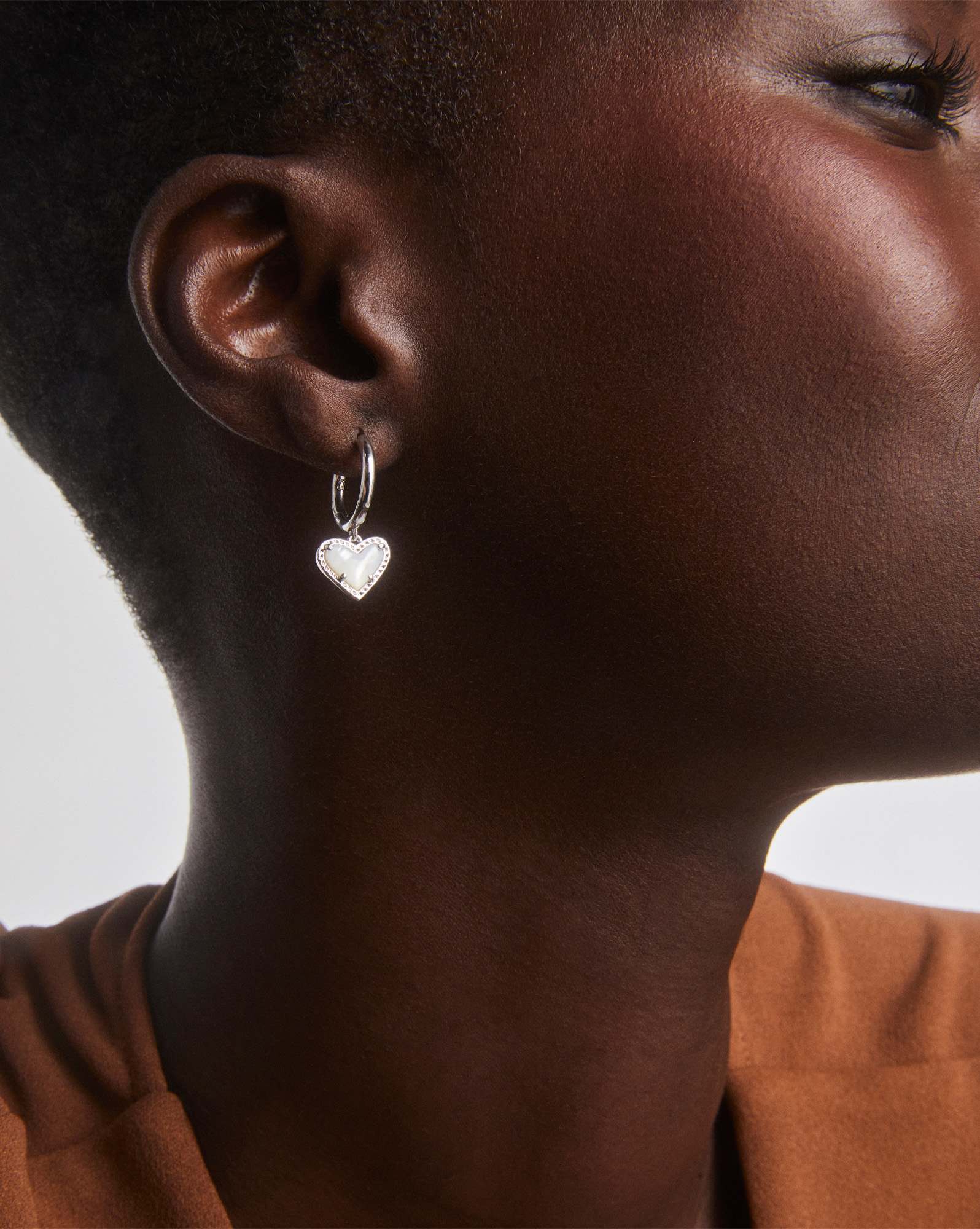 Ari Heart Silver Huggie Earrings in Ivory Mother-of-Pearl