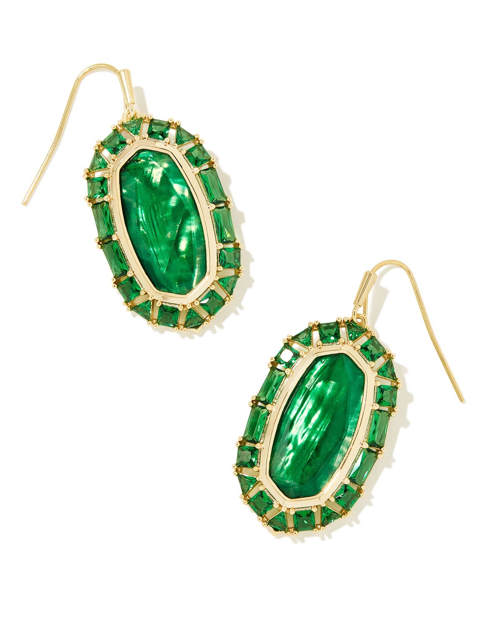 Elle Gold Crystal Frame Drop Earrings in Kelly Green Illusion