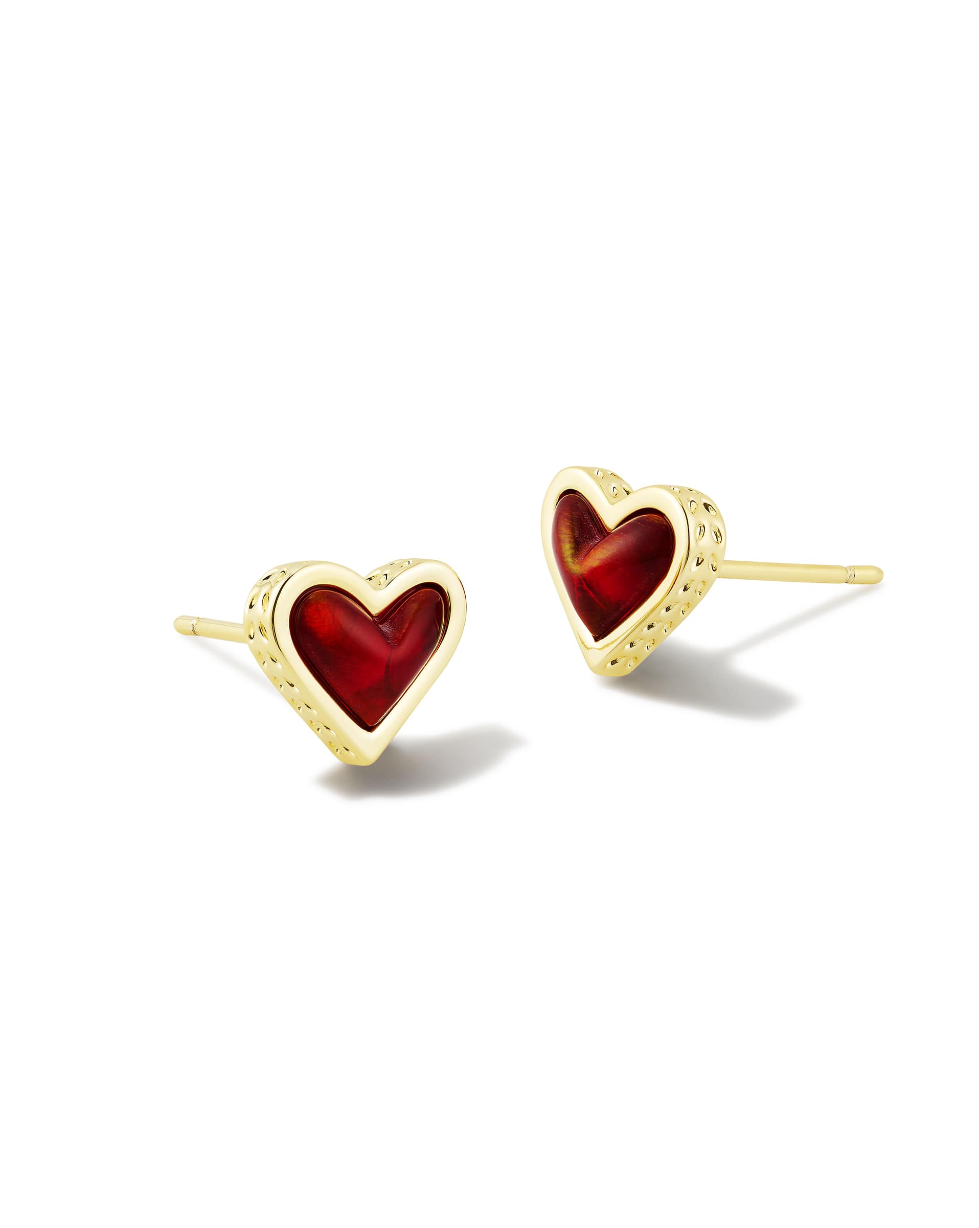 Framed Ari Heart Gold Stud Earrings in Red Opalescent Resin