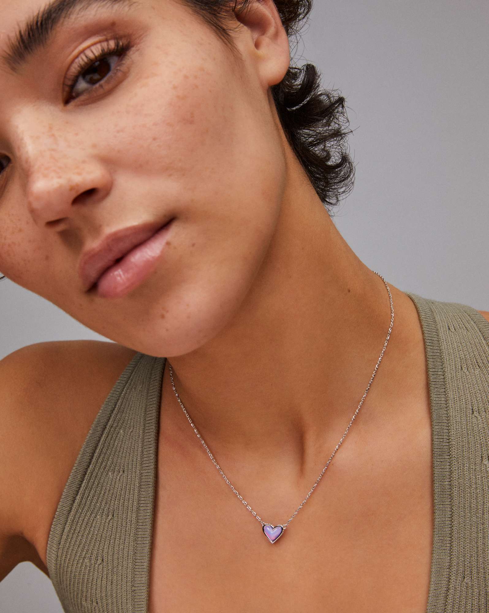 Framed Ari Heart Silver Short Pendant Necklace in Lilac Opalescent Resin