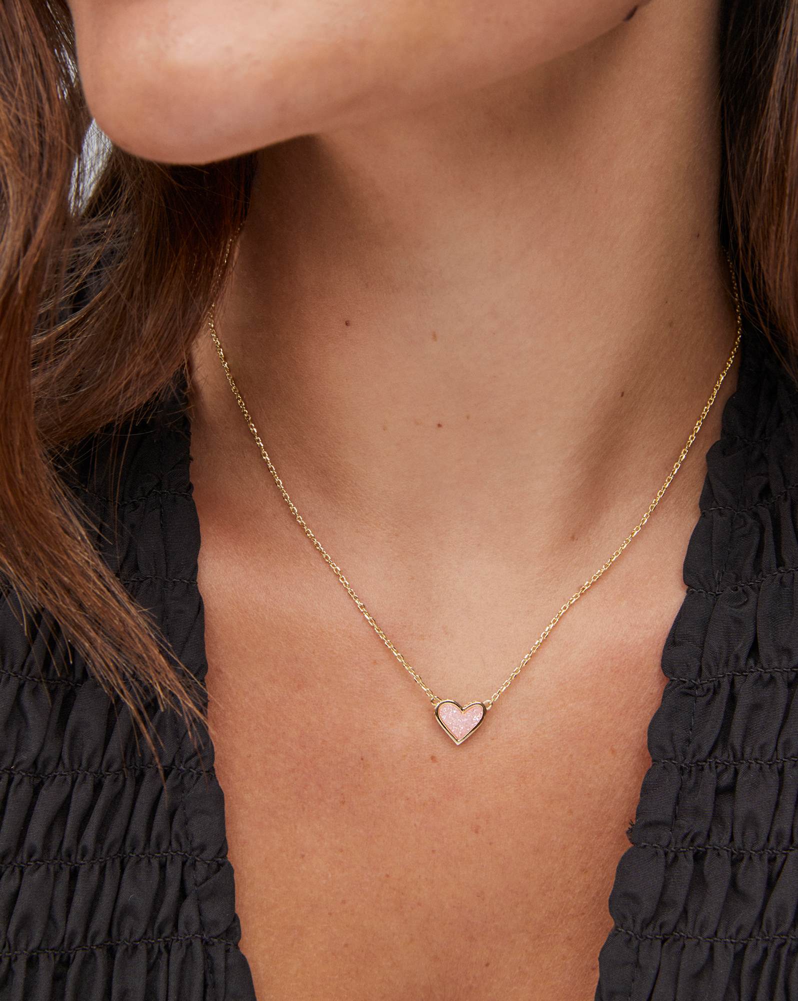 Framed Ari Heart Gold Short Pendant Necklace in Light Pink Drusy
