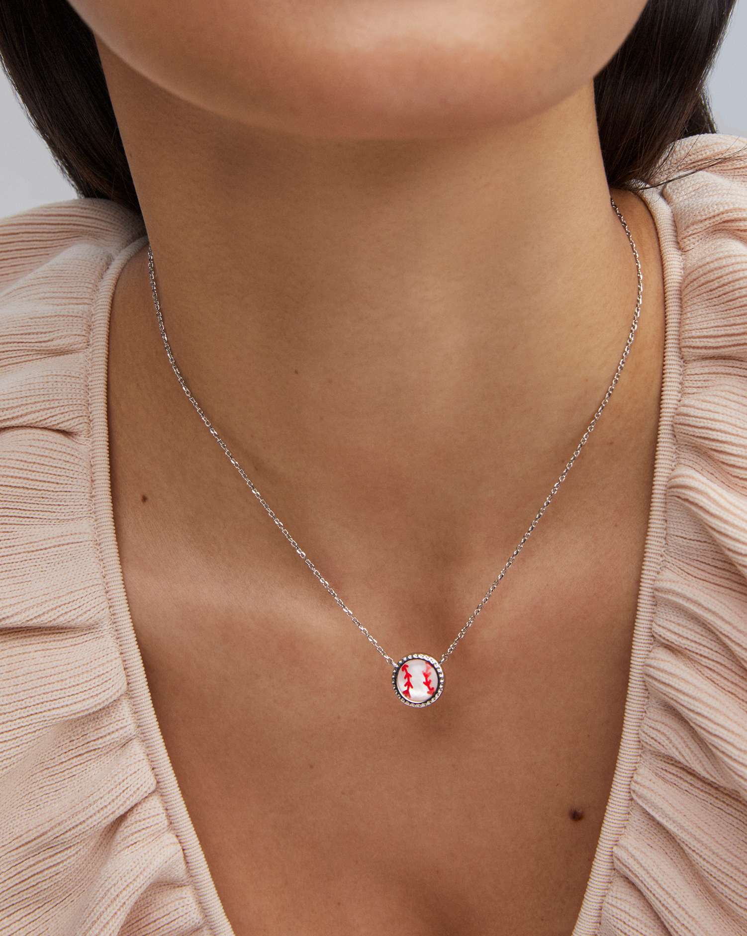 Baseball Silver Short Pendant Necklace in Ivory Mother-of-Pearl