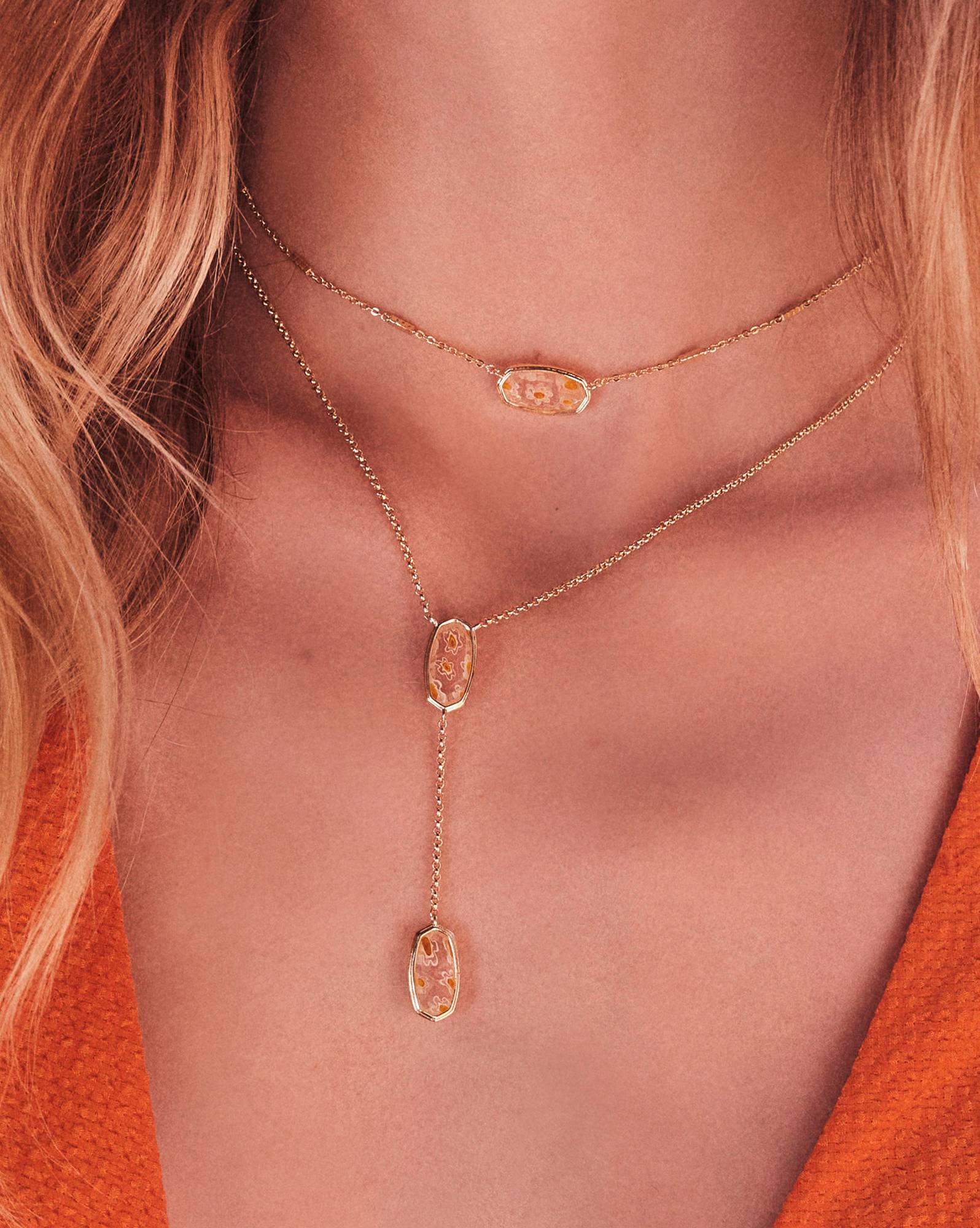 Framed Elisa Gold Short Pendant Necklace in White Mosaic Glass