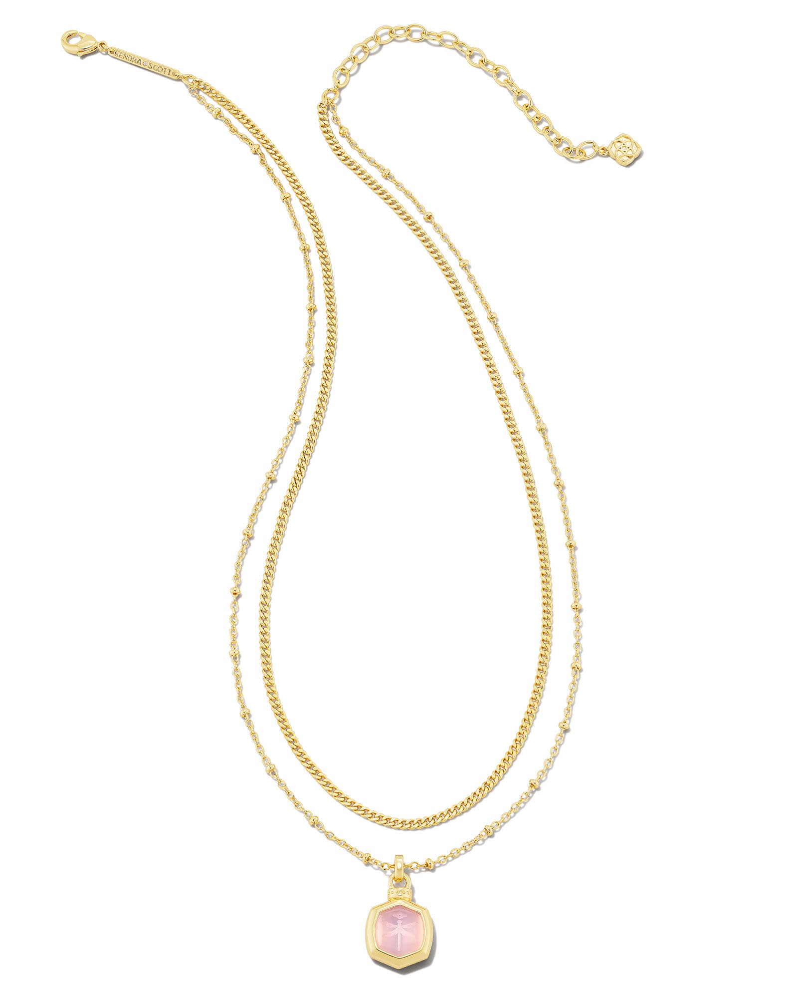 Davie Intaglio Gold Multi Strand Necklace in Pink Opalite Glass Dragonfly