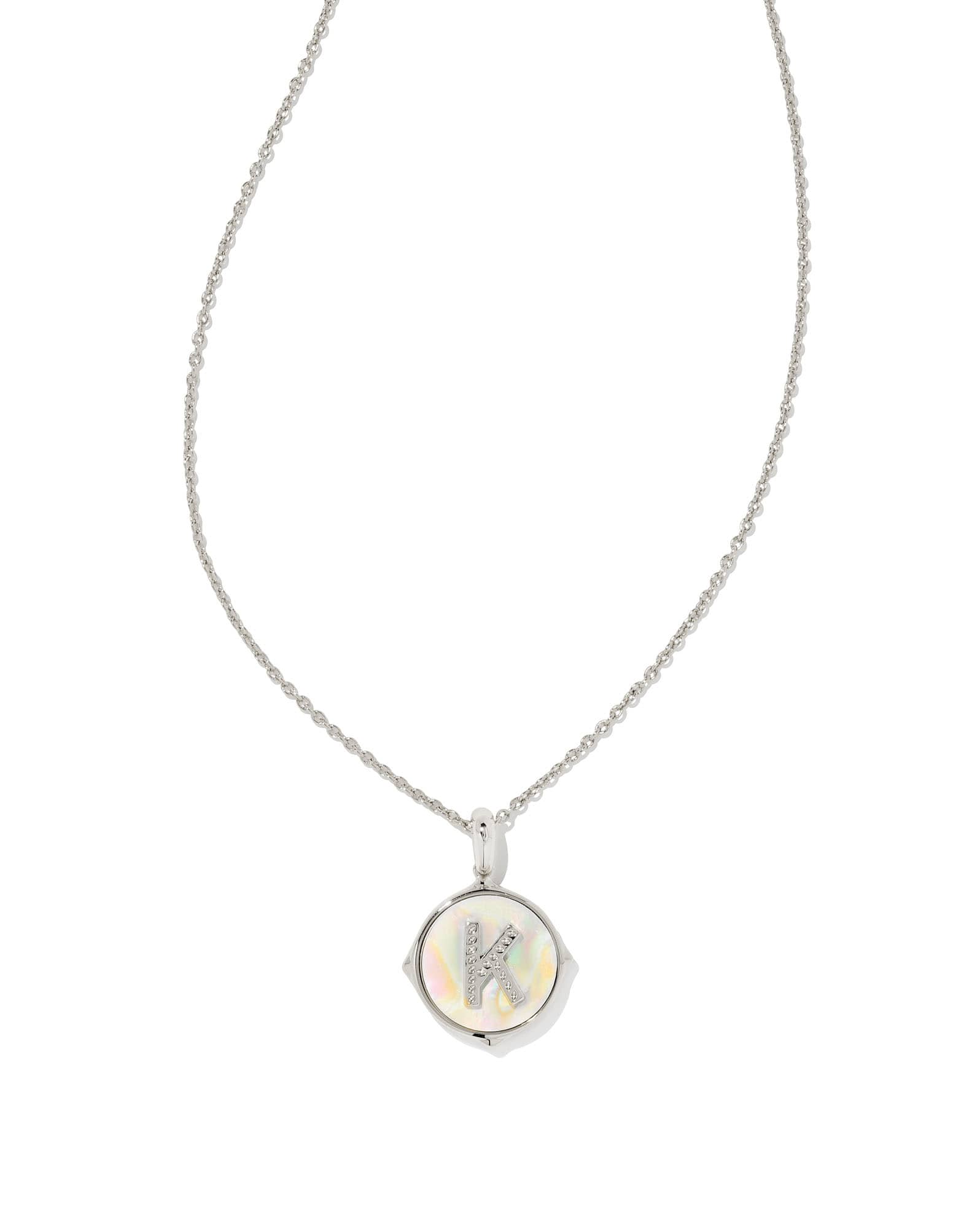 Letter K Silver Disc Reversible Pendant Necklace in Iridescent Abalone