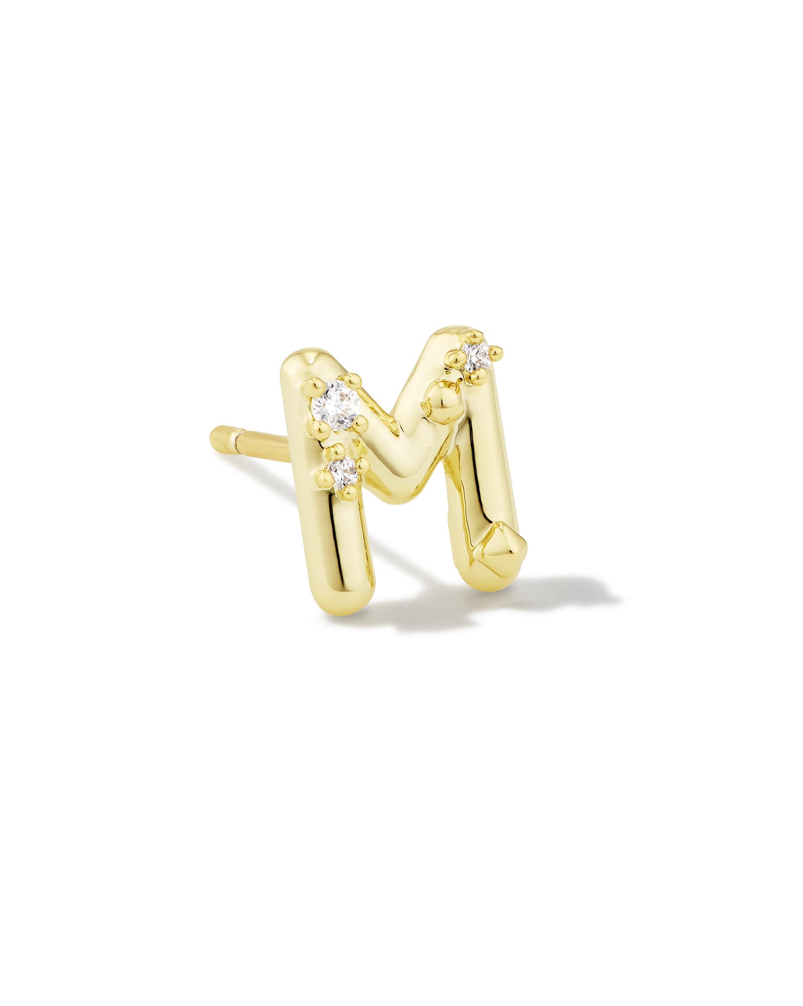 Crystal Letter M Gold Single Stud Earring in White Crystal