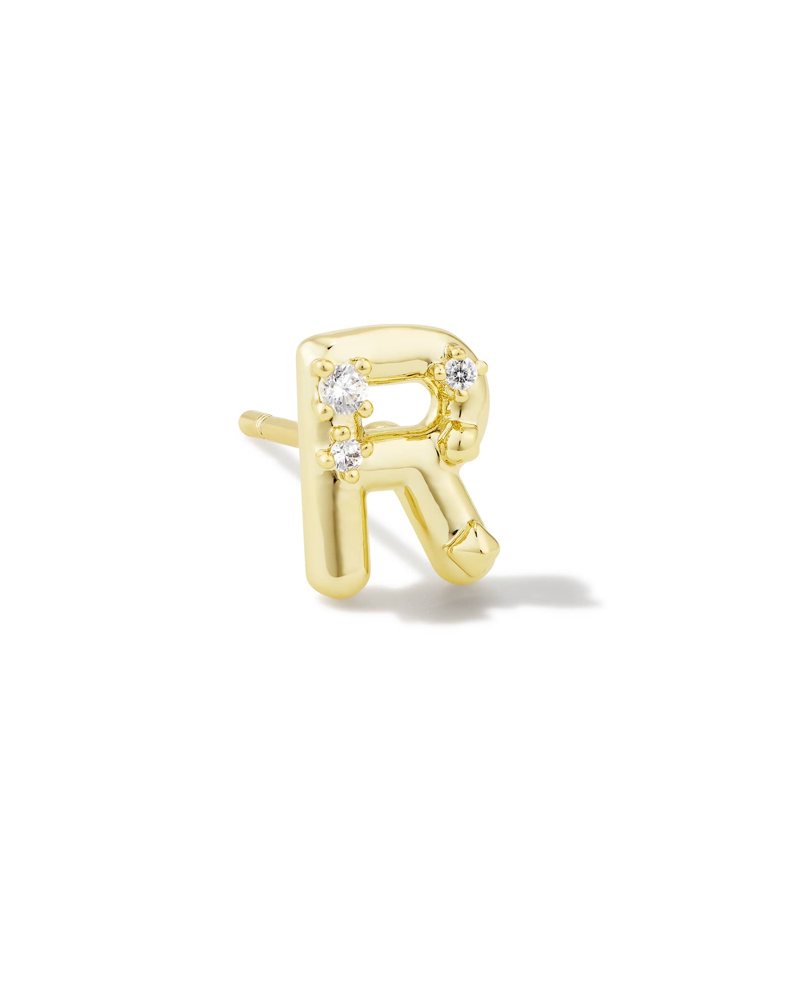 Crystal Letter R Gold Single Stud Earring in White Crystal