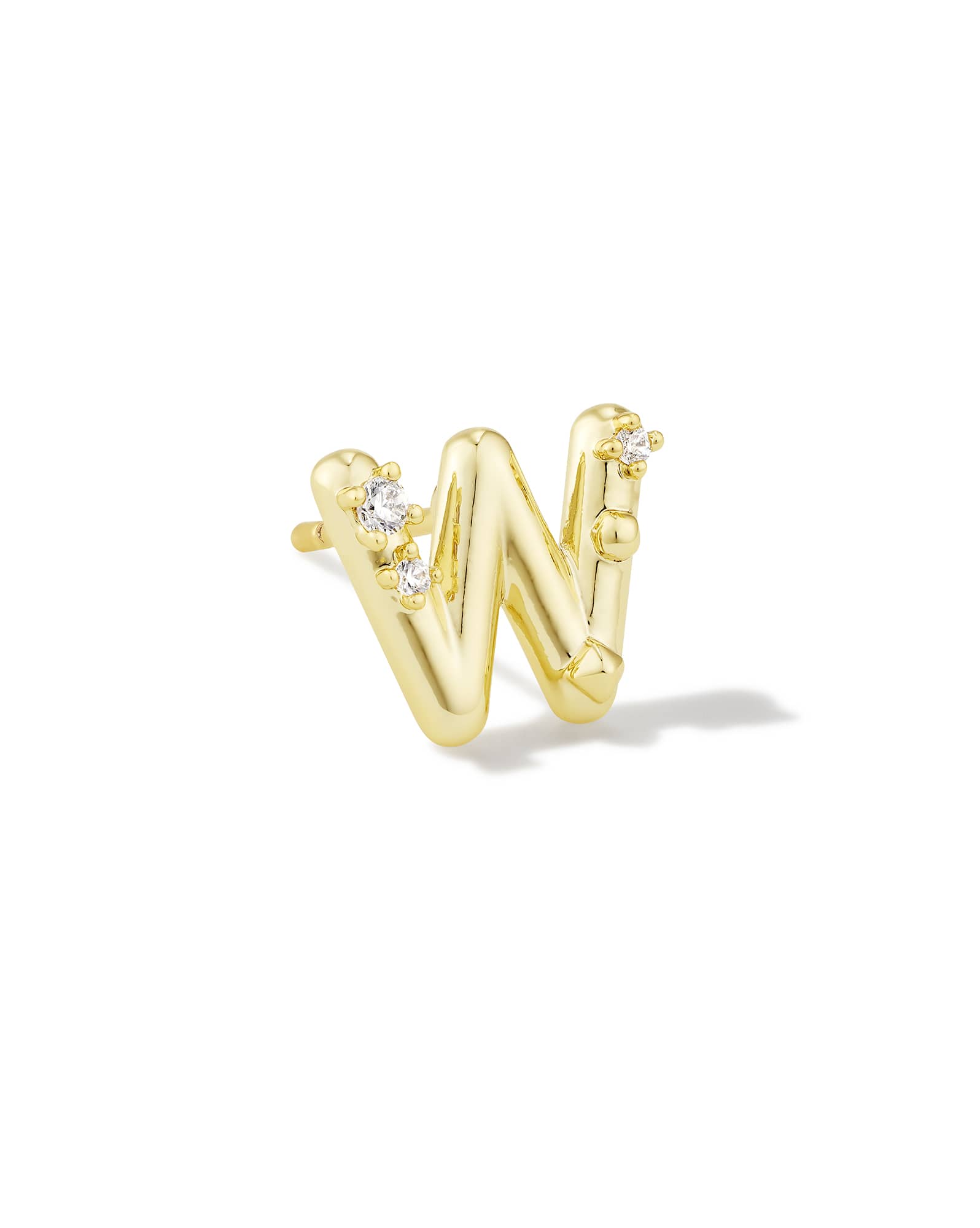 Crystal Letter W Gold Single Stud Earring in White Crystal