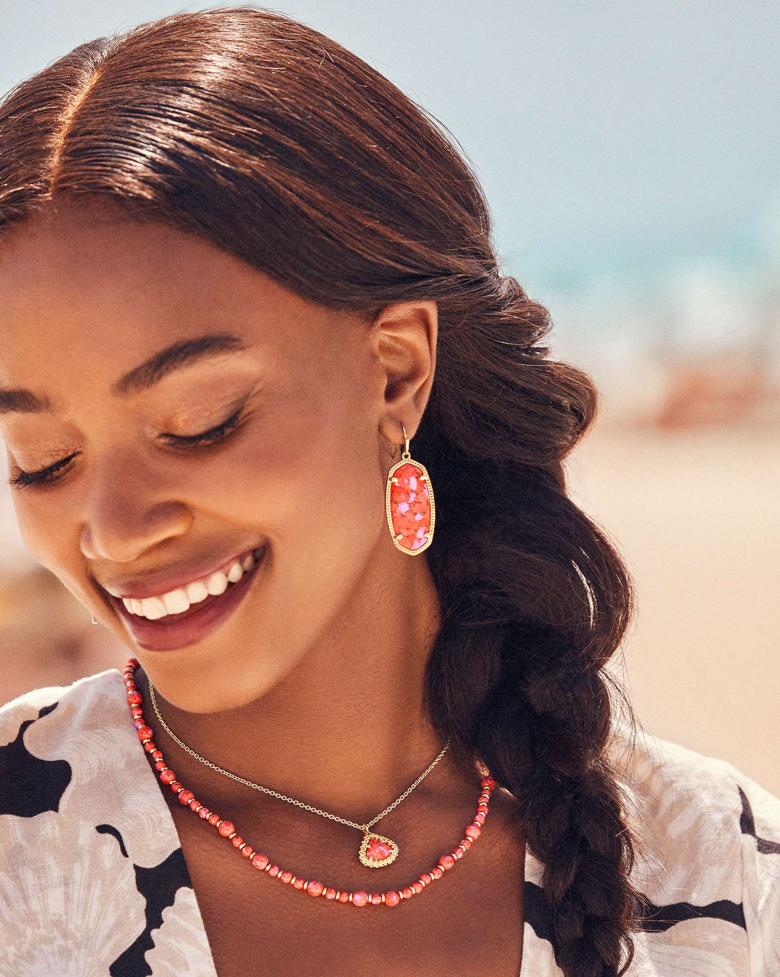 Jovie Gold Beaded Strand Necklace in Bronze Veined Red and Fuchsia Magnesite