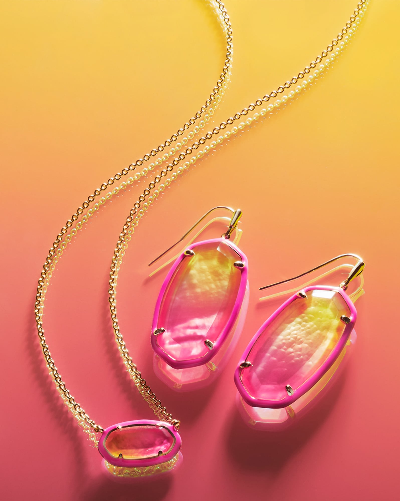 Elisa Gold Enamel Framed Short Pendant Necklace in Sunset Ombre Illusion