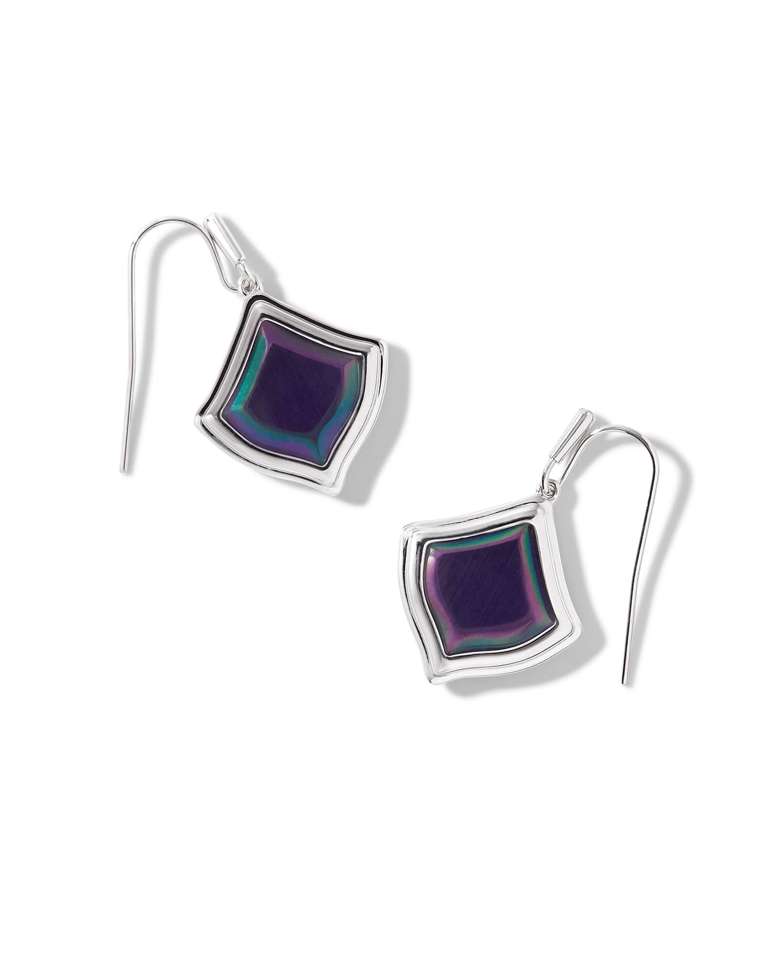 Kacey Silver Drop Earrings in Purple Cat's Eye