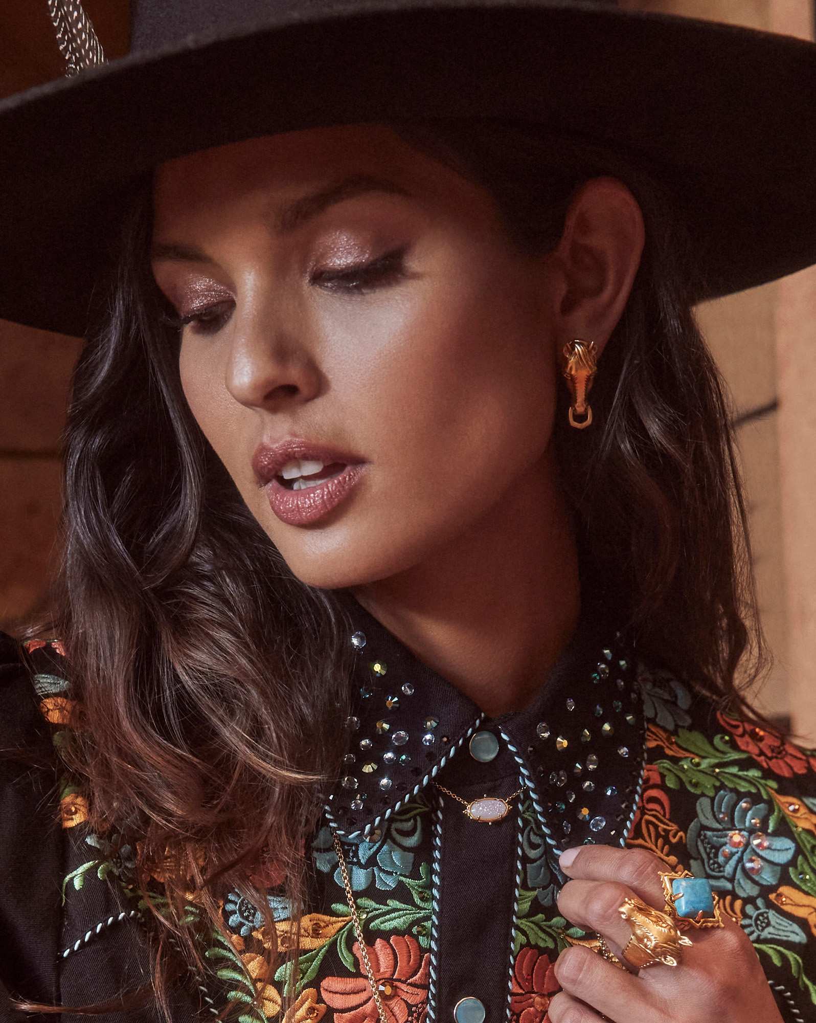 Cass Vintage Gold Cocktail Ring in Variegated Dark Teal Magnesite