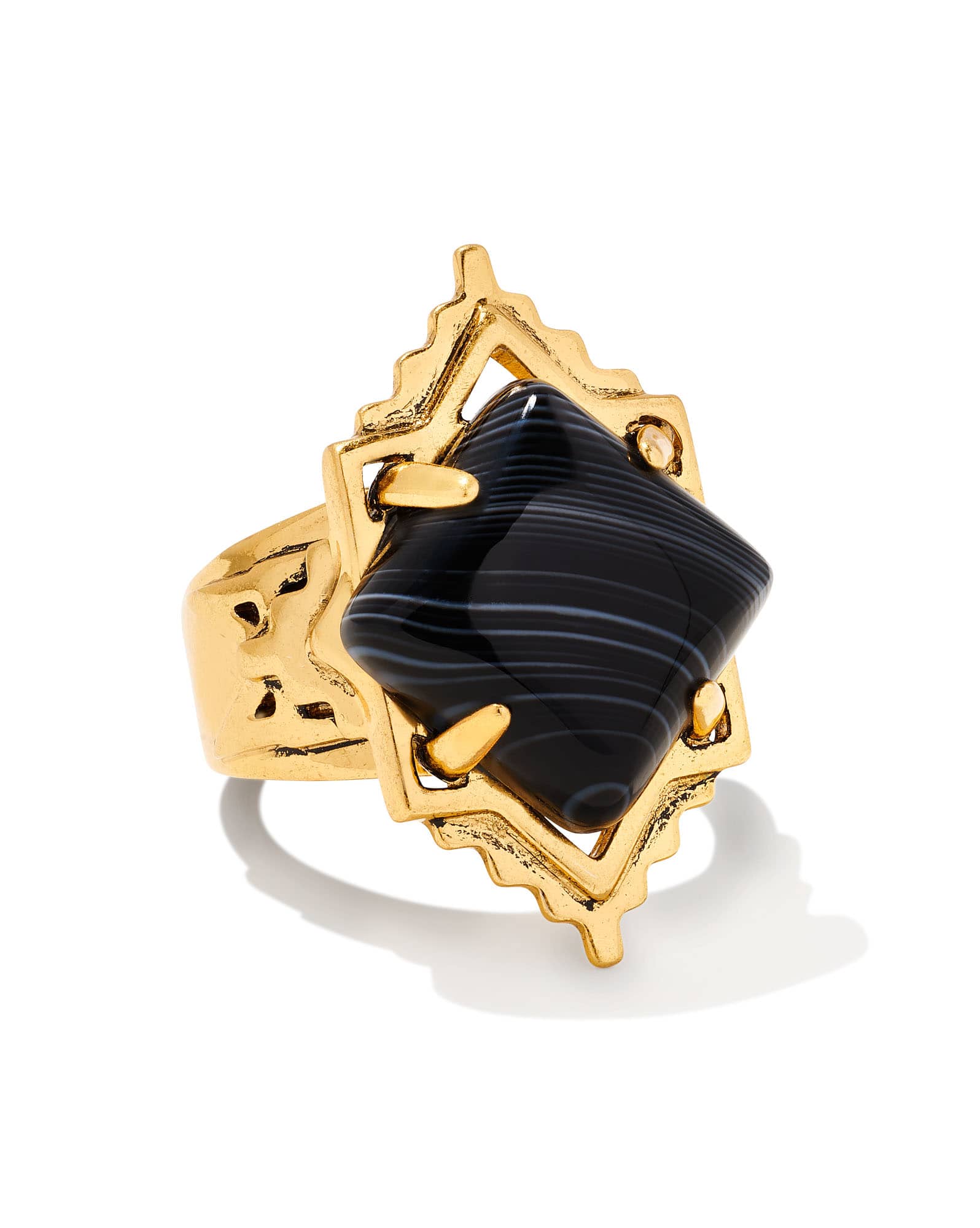 Cass Vintage Gold Cocktail Ring in Black Banded Agate
