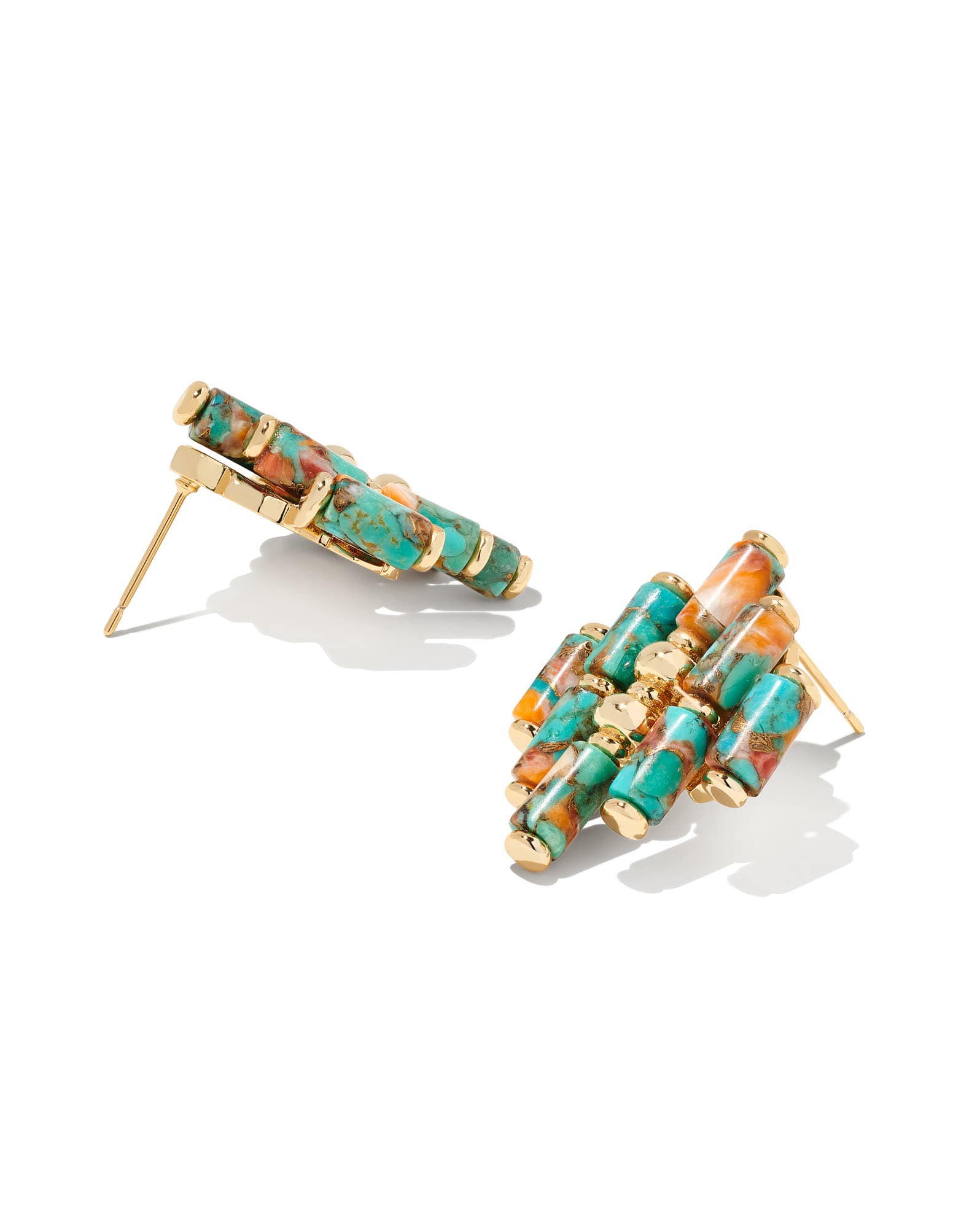 Ember Gold Statement Stud Earrings in Bronze Veined Turquoise Magnesite Red Oyster