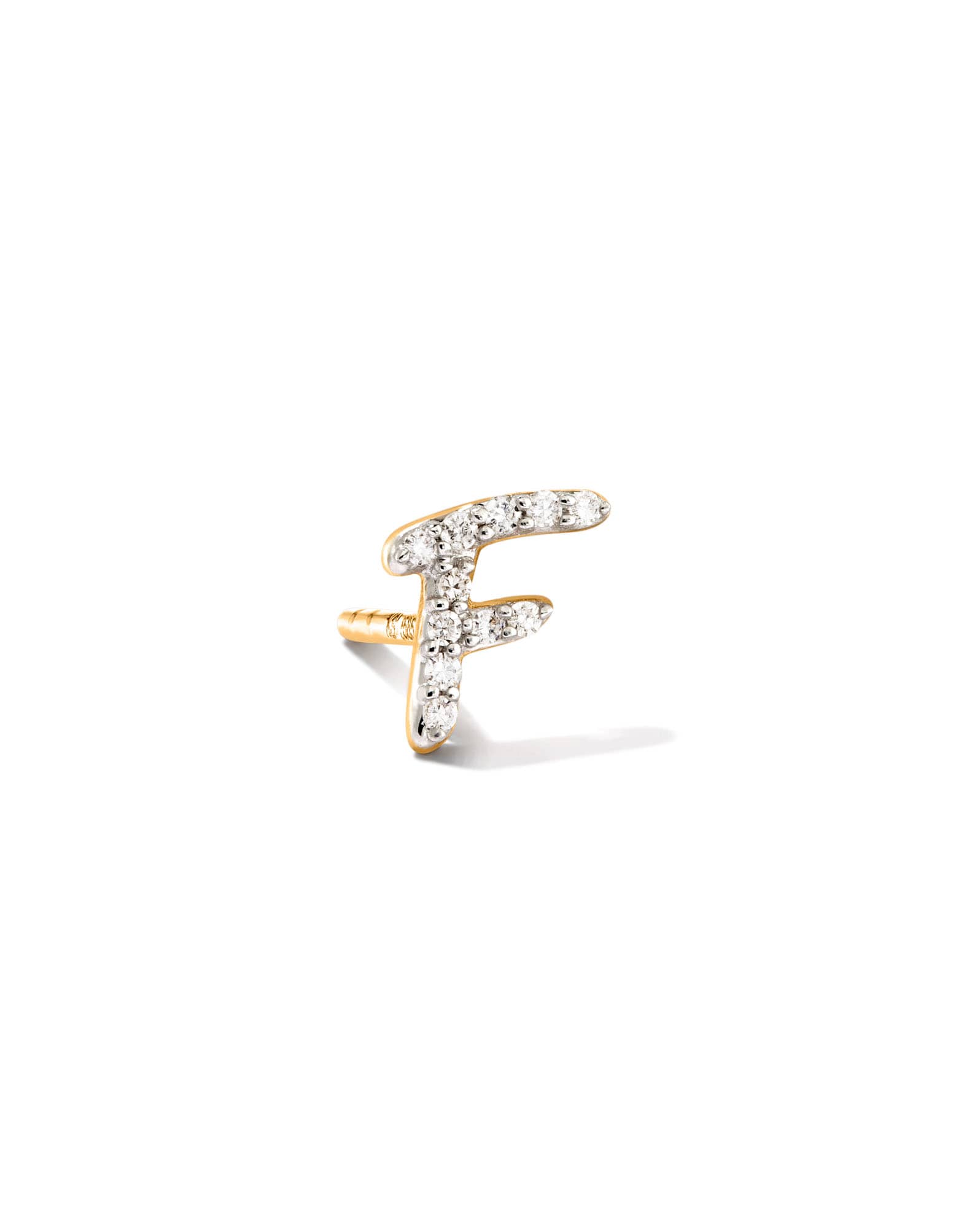 Letter F 14k Yellow Gold Single Stud Earring in White Diamond