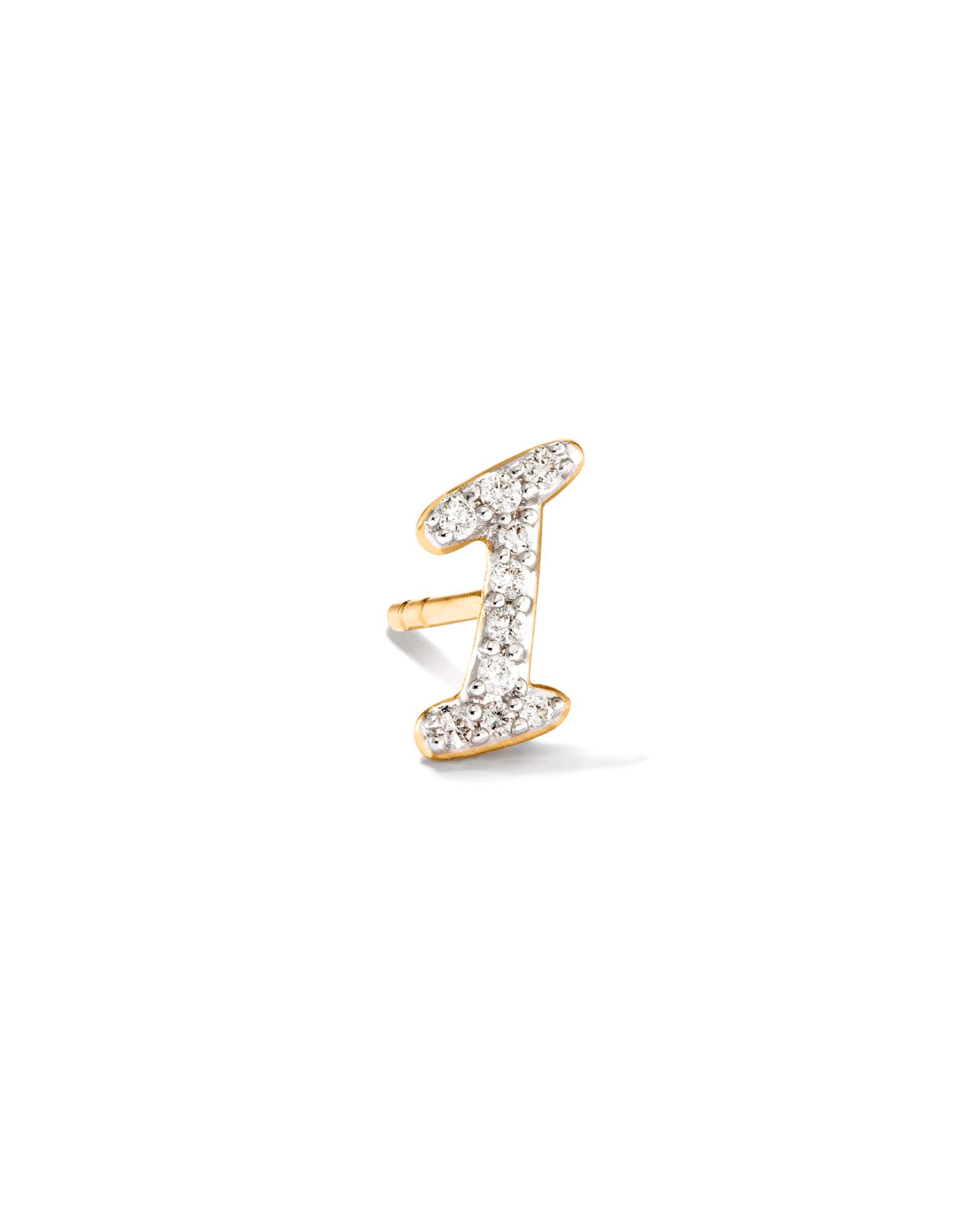 Letter I 14k Yellow Gold Single Stud Earring in White Diamond