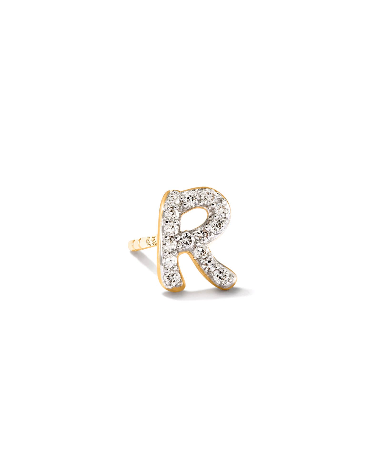 Letter R 14k Yellow Gold Single Stud Earring in White Diamond