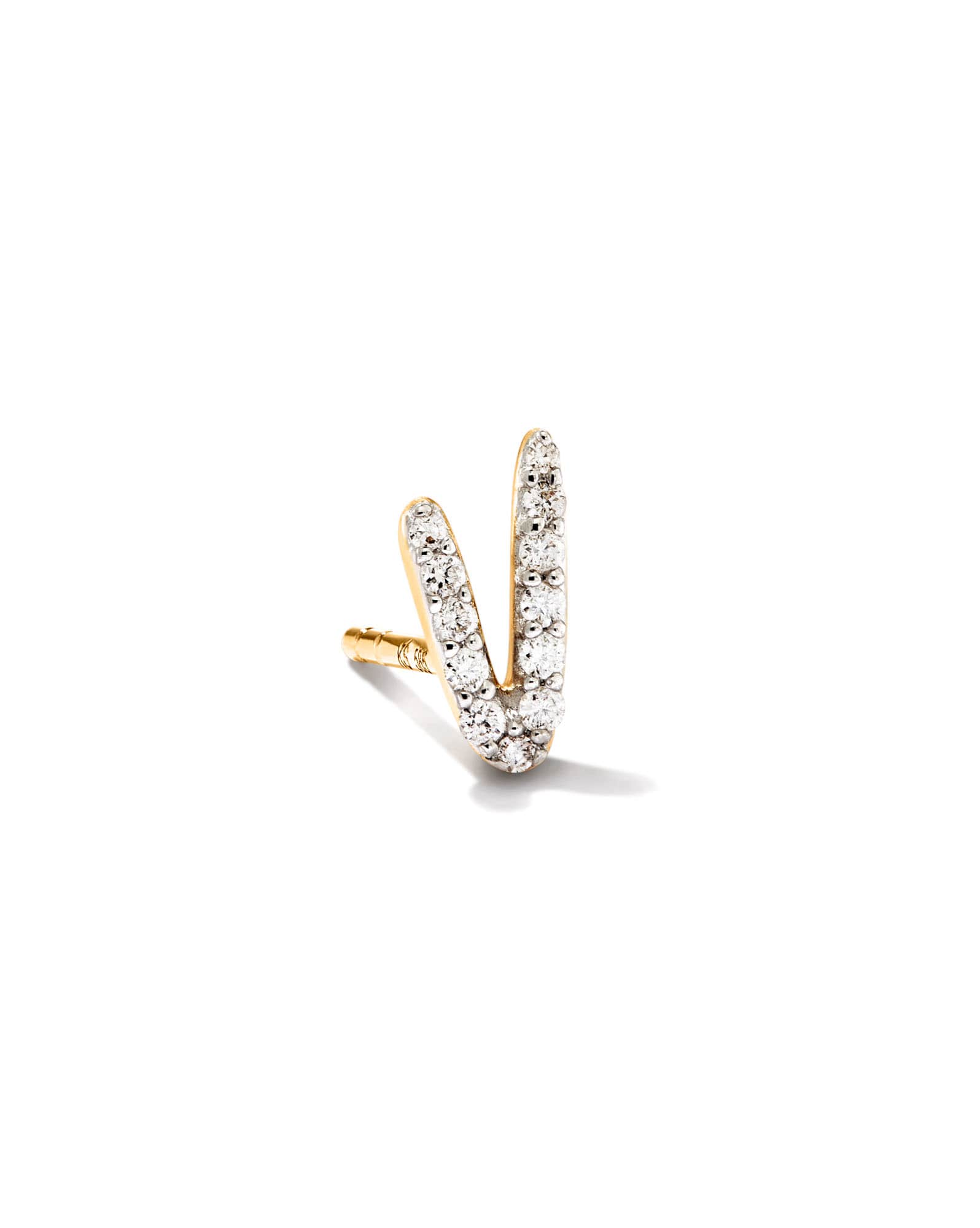 Letter V 14k Yellow Gold Single Stud Earring in White Diamond