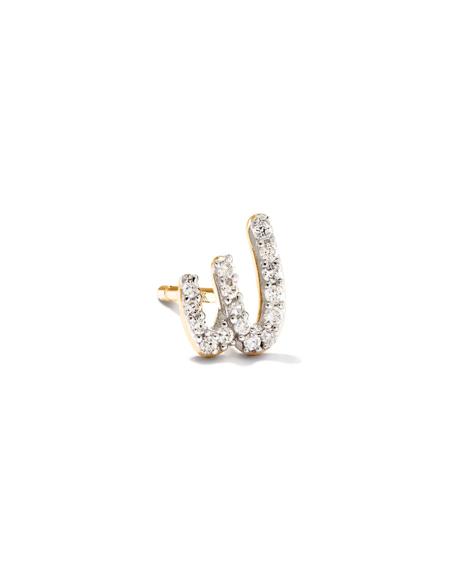 Letter W 14k Yellow Gold Single Stud Earring in White Diamond