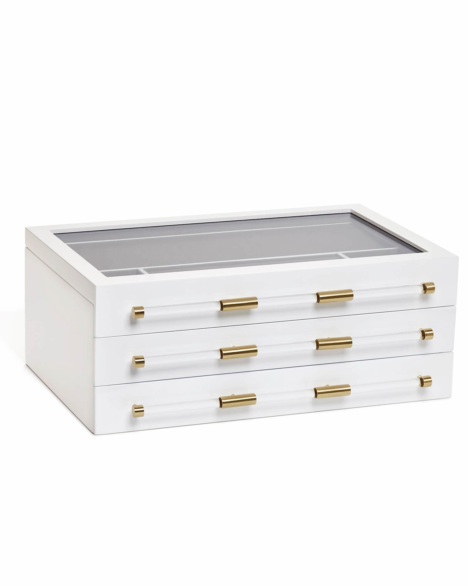 Large Antique Brass Jewelry Box in White Lacquer