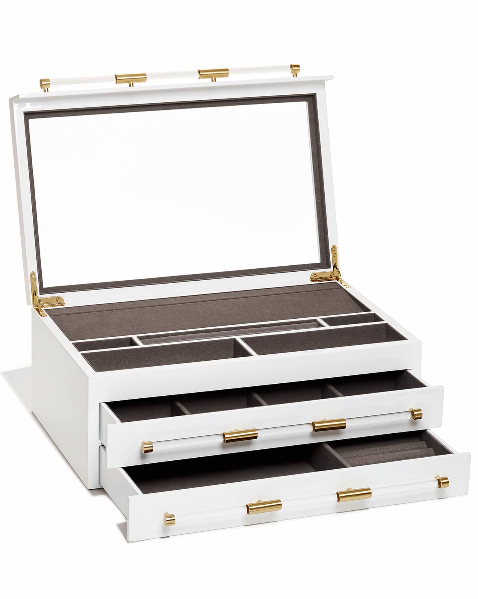 Large Antique Brass Jewelry Box in White Lacquer